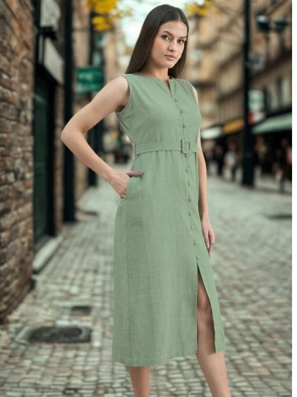 Women Button-Down Cotton Blend Sleeveless Shirt Dress