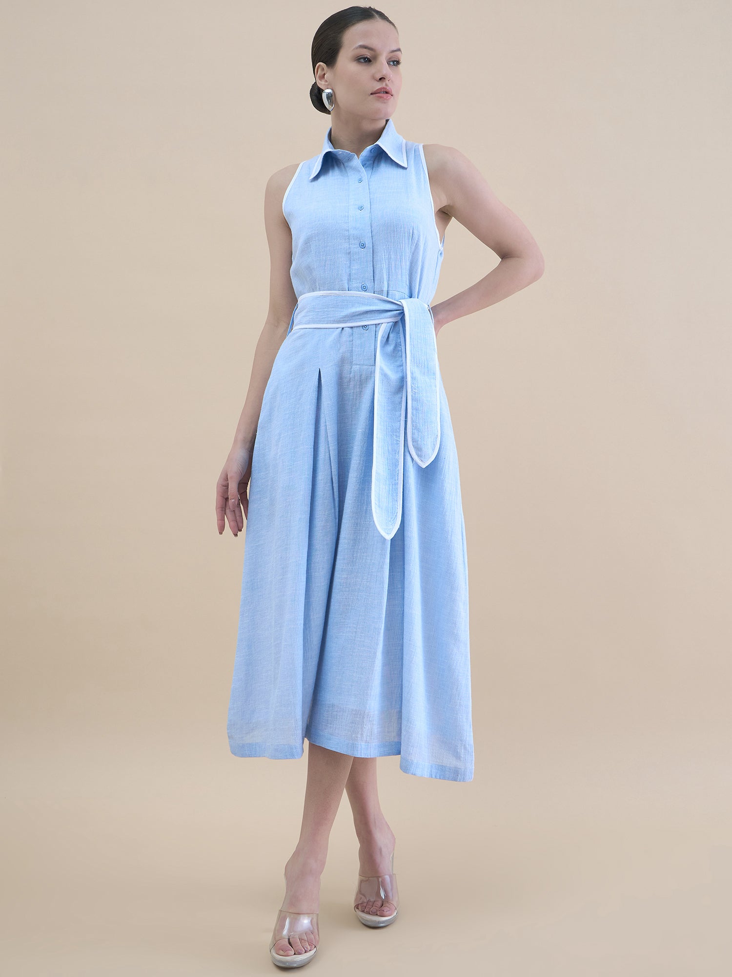 Vintage Style Halter Neck Button-Down Loose Fit In Cotton Blend Pleated Shirt Dress