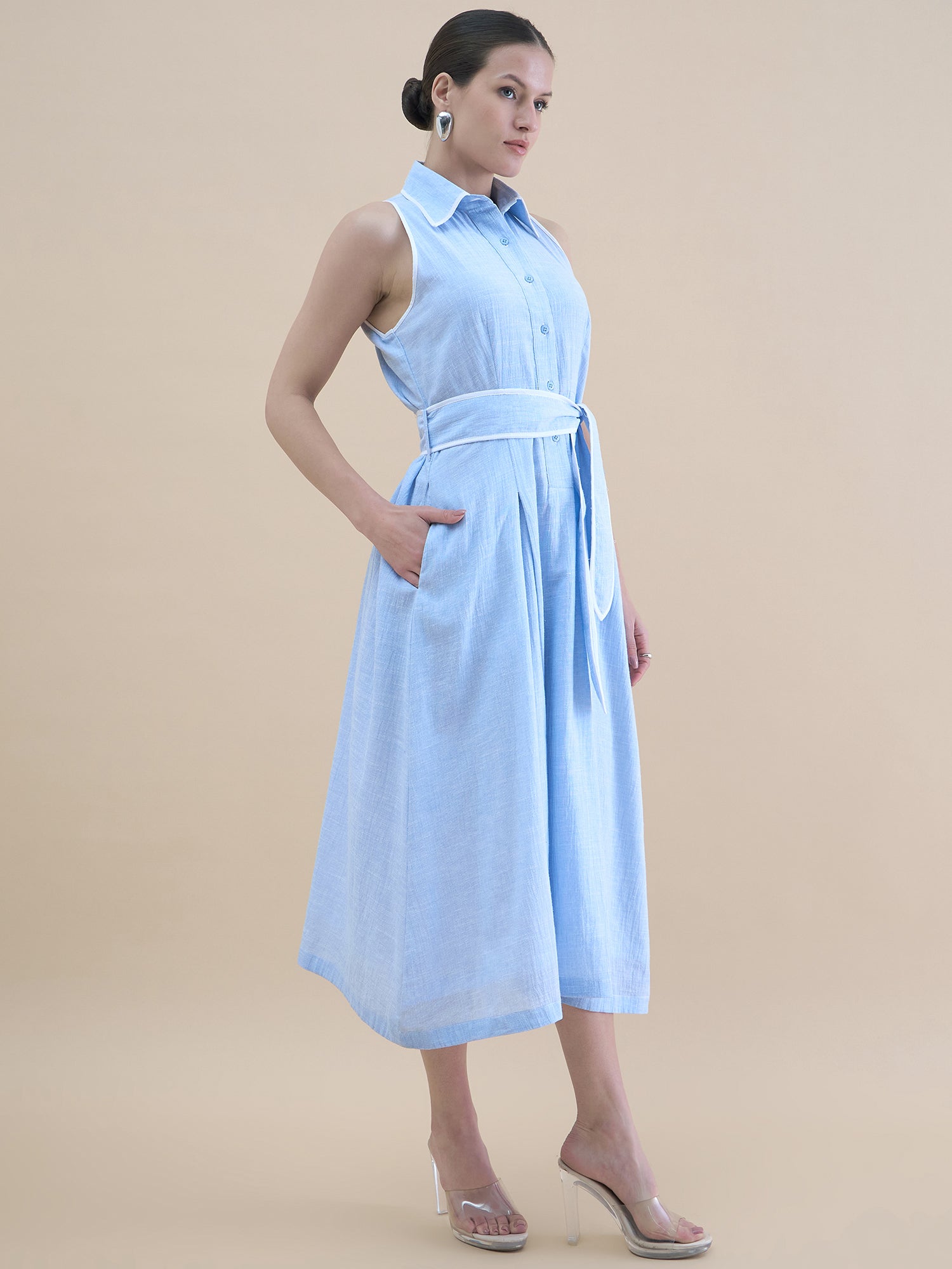 Vintage Style Halter Neck Button-Down Loose Fit In Cotton Blend Pleated Shirt Dress