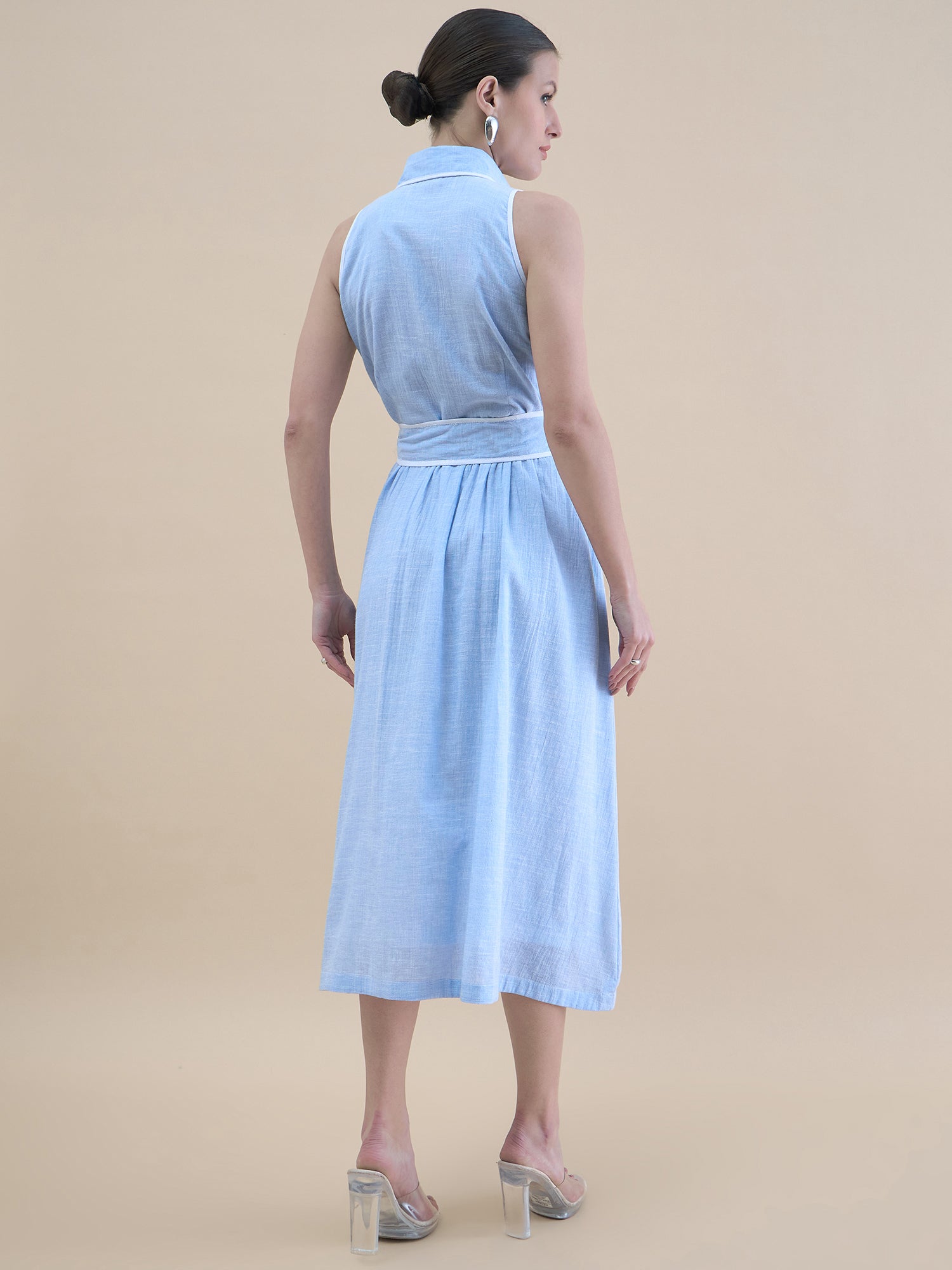 Vintage Style Halter Neck Button-Down Loose Fit In Cotton Blend Pleated Shirt Dress