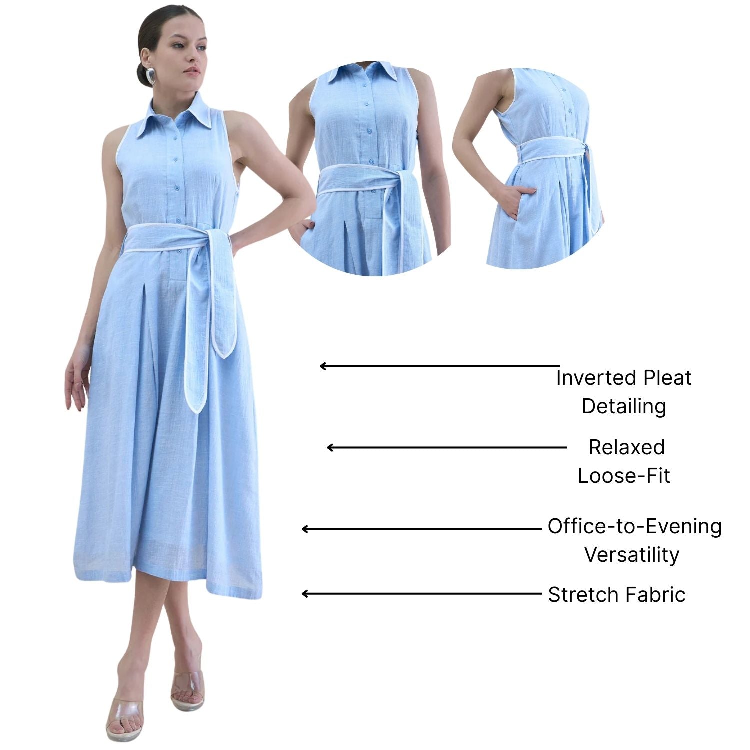 Vintage Style Halter Neck Button-Down Loose Fit In Cotton Blend Pleated Shirt Dress