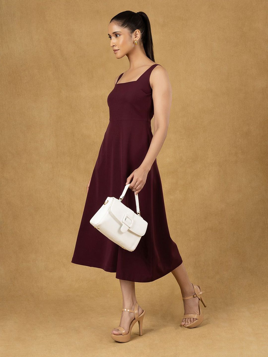 Women Burgundy Solid Strappy Fit And Flared Dress Women Burgundy Solid Strappy Fit And Flared Dress