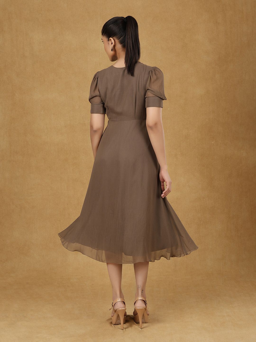 Brown Soild Fit And Flare Dress