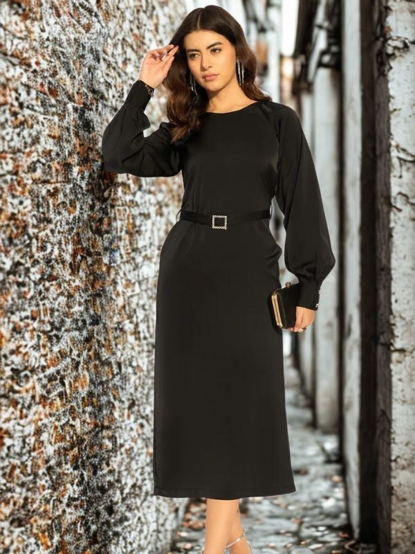 Chic Semi-Fitted Midi Dress With Gentle Puff Sleeves In Soft Satin Fabric