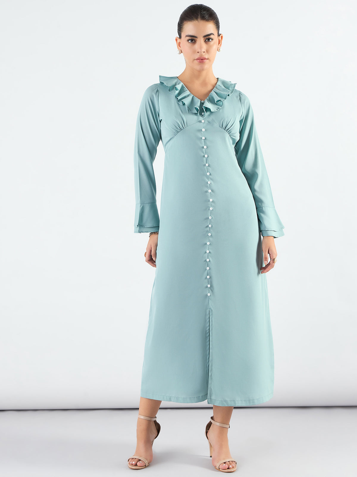 Women Sage Green Ruffled Midi Dress