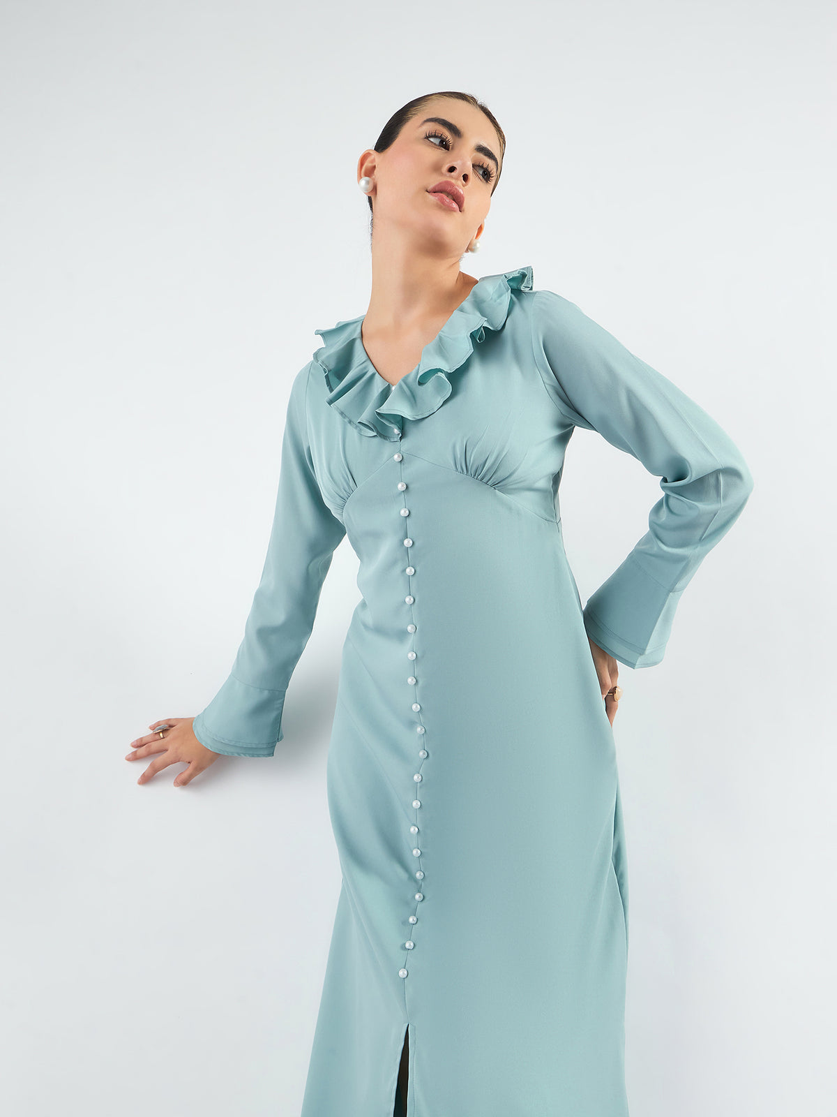 Women Sage Green Ruffled Midi Dress