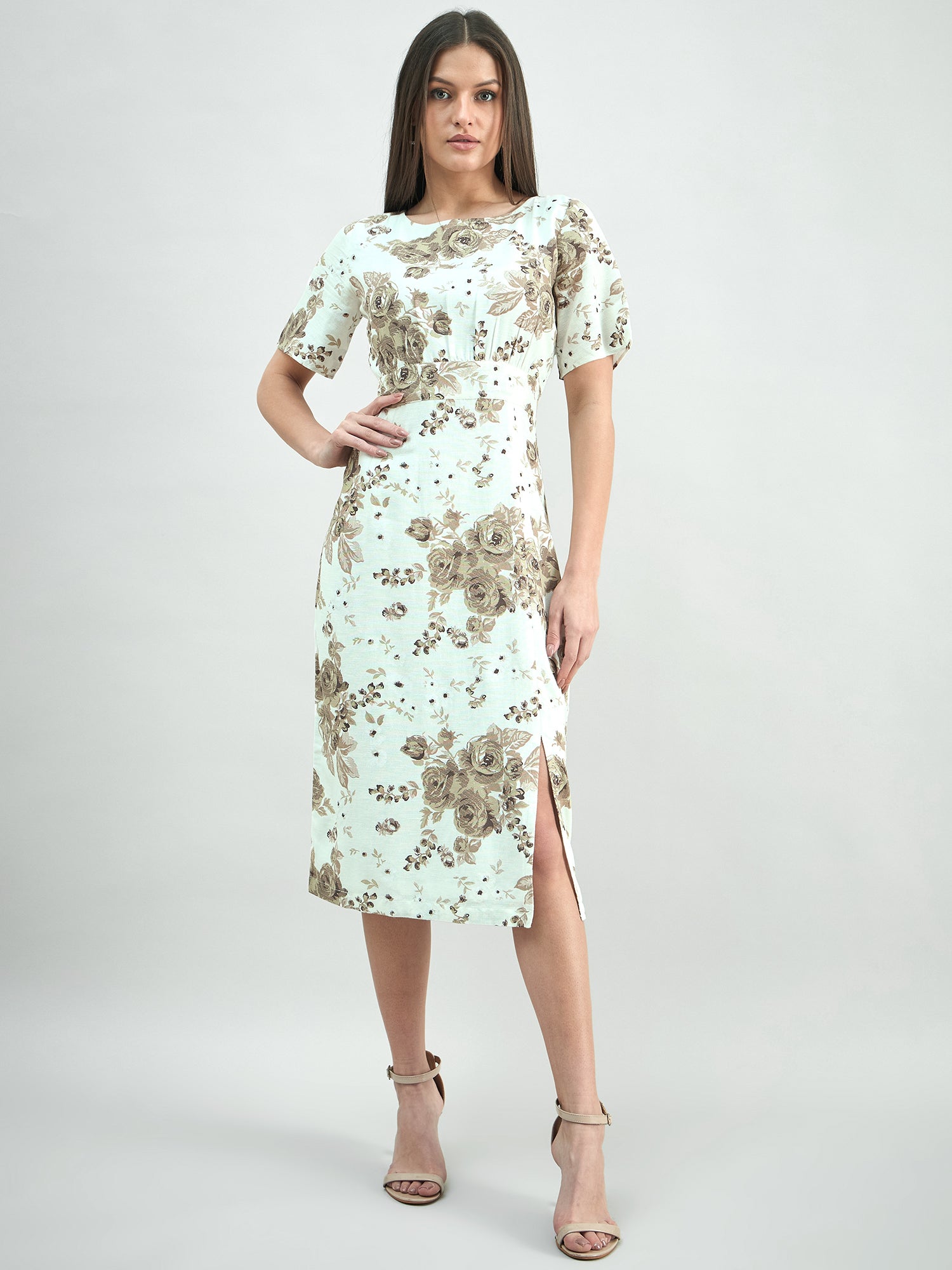 Women White & Beige Elegant Floral Print Round-Neck Midi Dress In Linen Blend