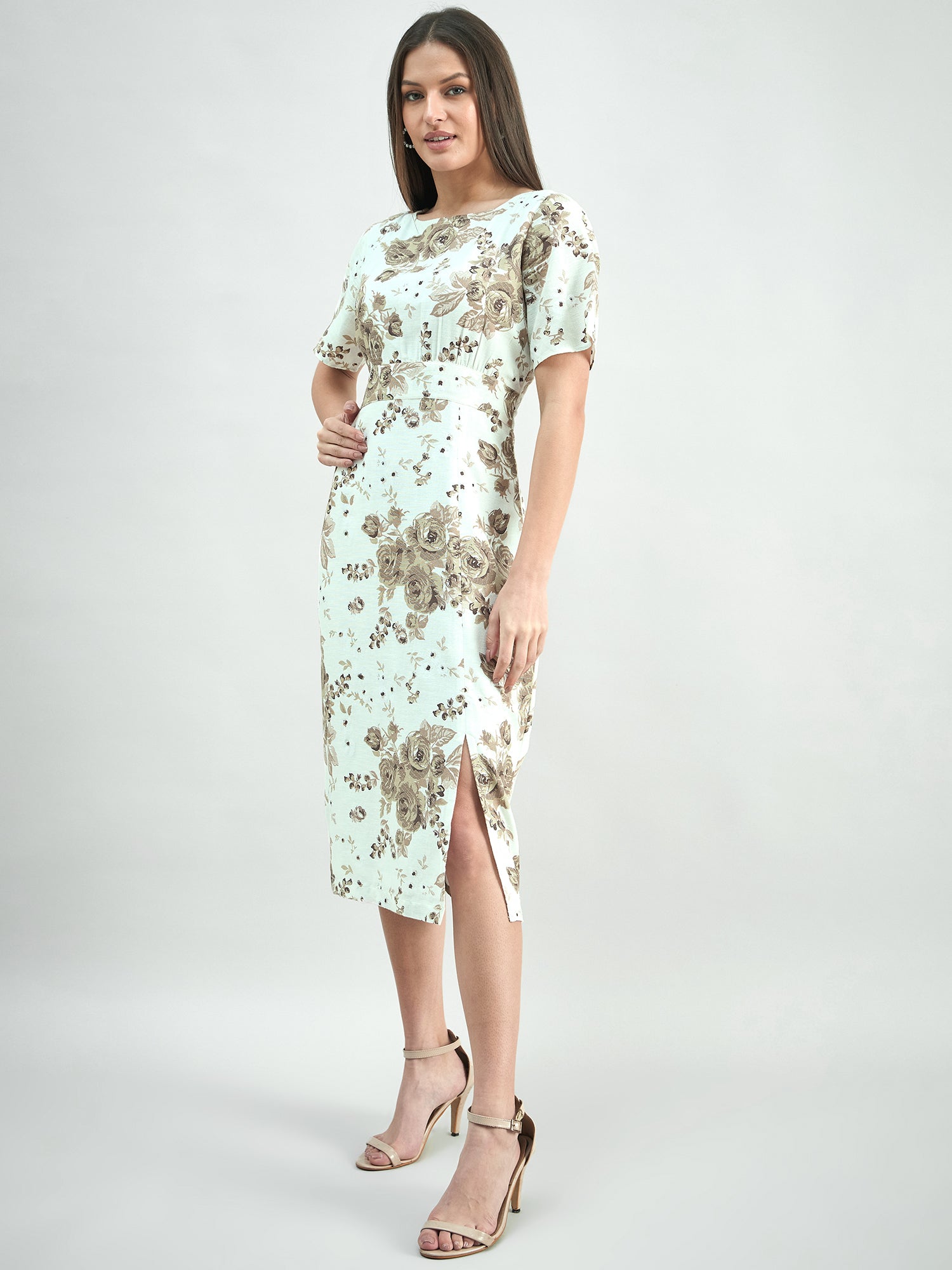 Women White & Beige Elegant Floral Print Round-Neck Midi Dress In Linen Blend