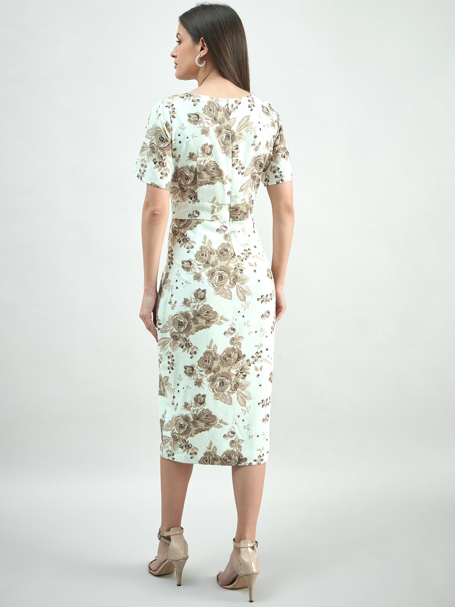 Women White & Beige Elegant Floral Print Round-Neck Midi Dress In Linen Blend