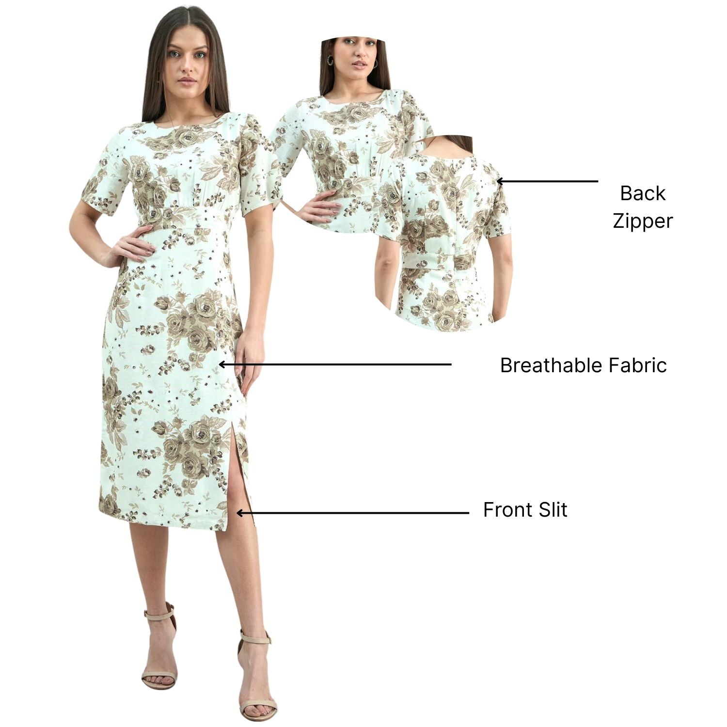 Women White & Beige Elegant Floral Print Round-Neck Midi Dress In Linen Blend