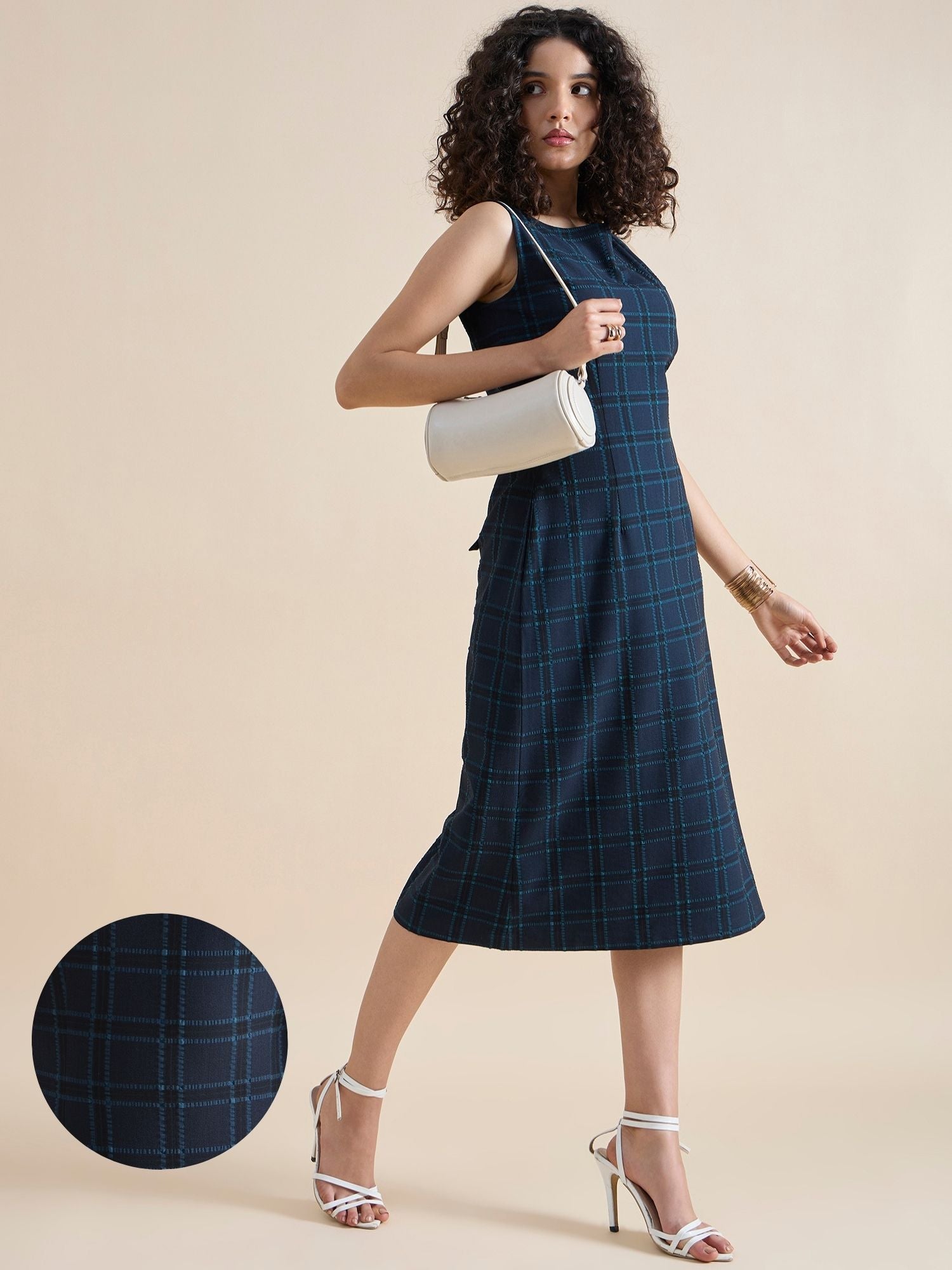 Women Structured A-line Boat-Neck Sleeveless Checkered Midi Dress In 4-Way Stretch