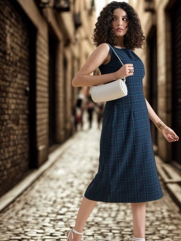 Women Structured A-line Boat-Neck Sleeveless Checkered Midi Dress In 4-Way Stretch