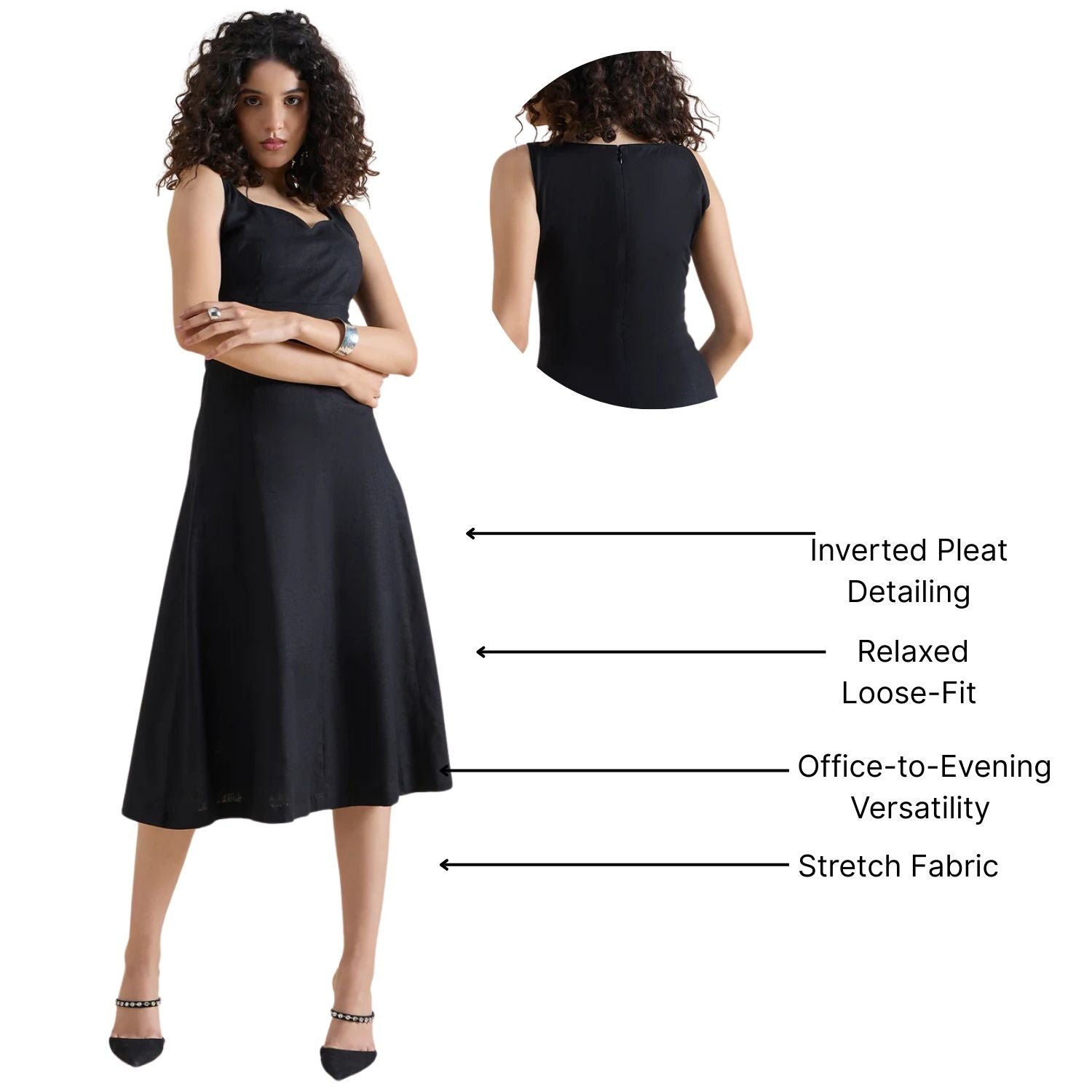 Women Structured Sweetheart-Neck Linen Lycra Black Stretchable Midi Dress
