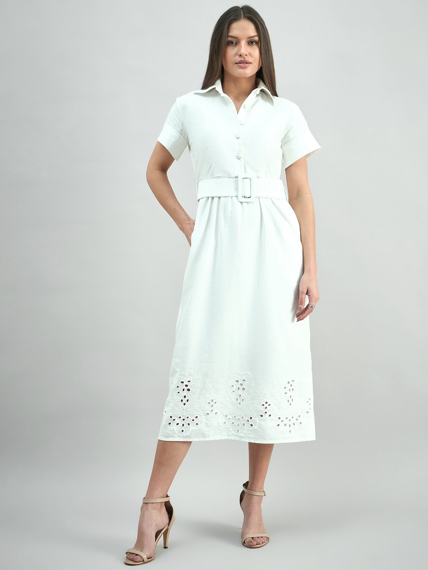 Women Cotton Schiffli A-Line Dress With Belt