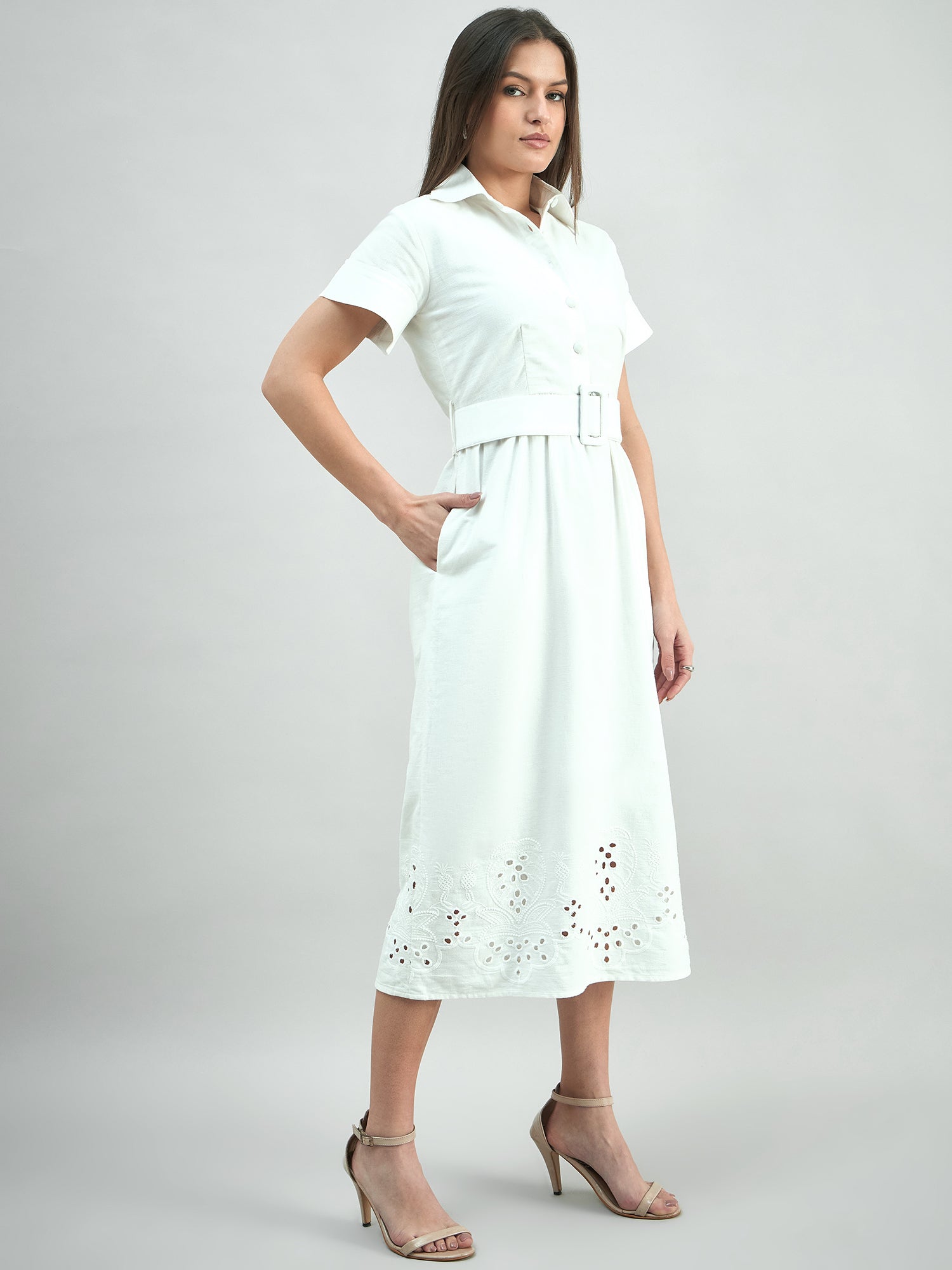 Women Cotton Schiffli A-Line Dress With Belt