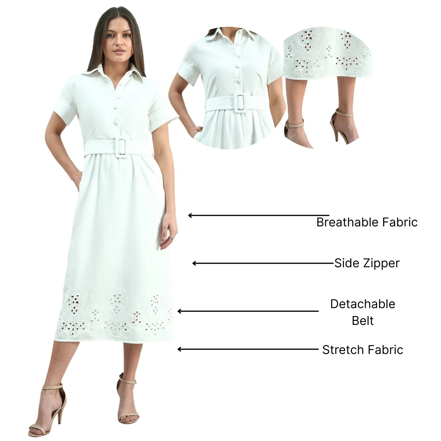 Women Cotton Schiffli A-Line Dress With Belt