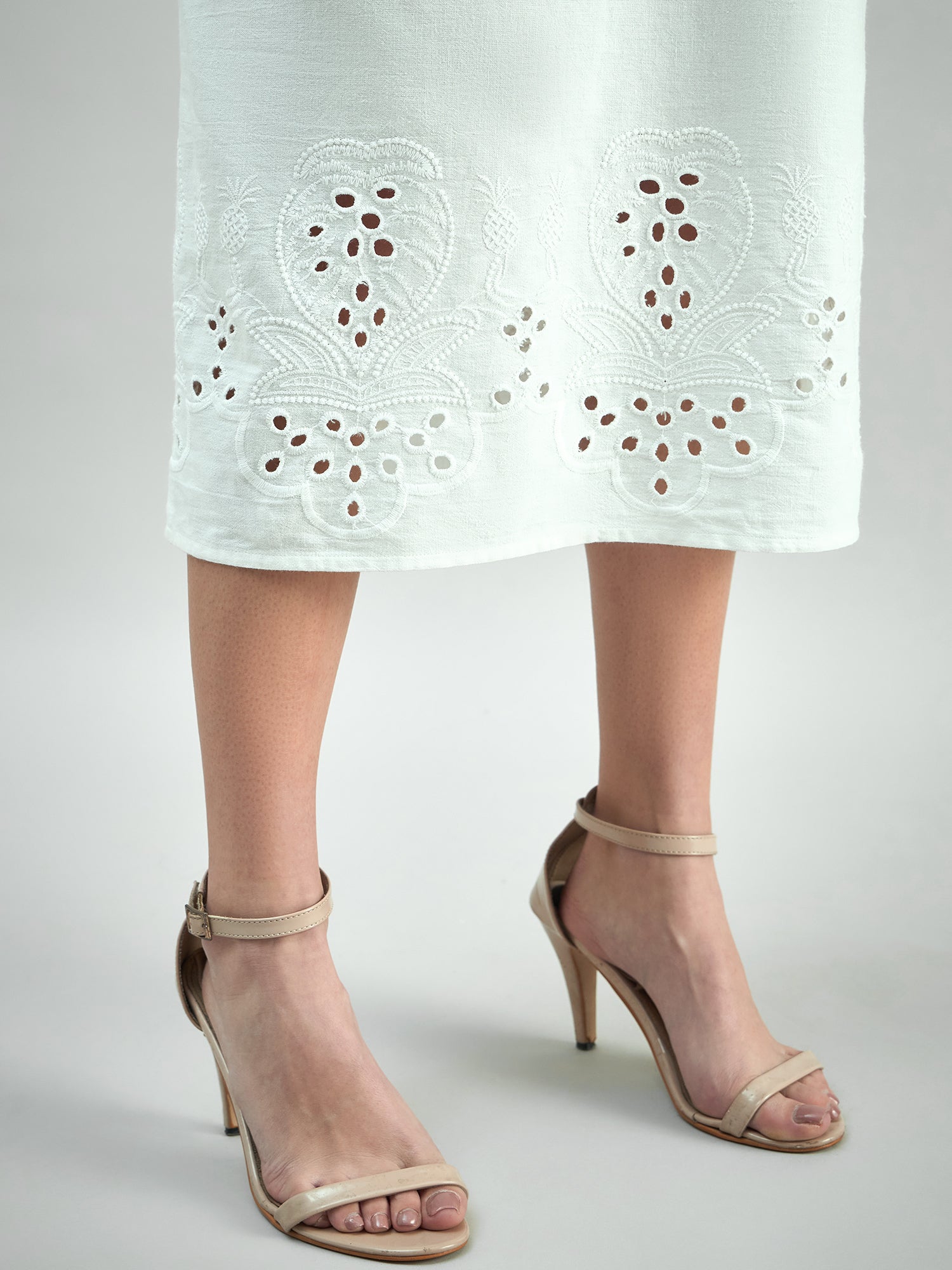 Women Cotton Schiffli A-Line Dress With Belt