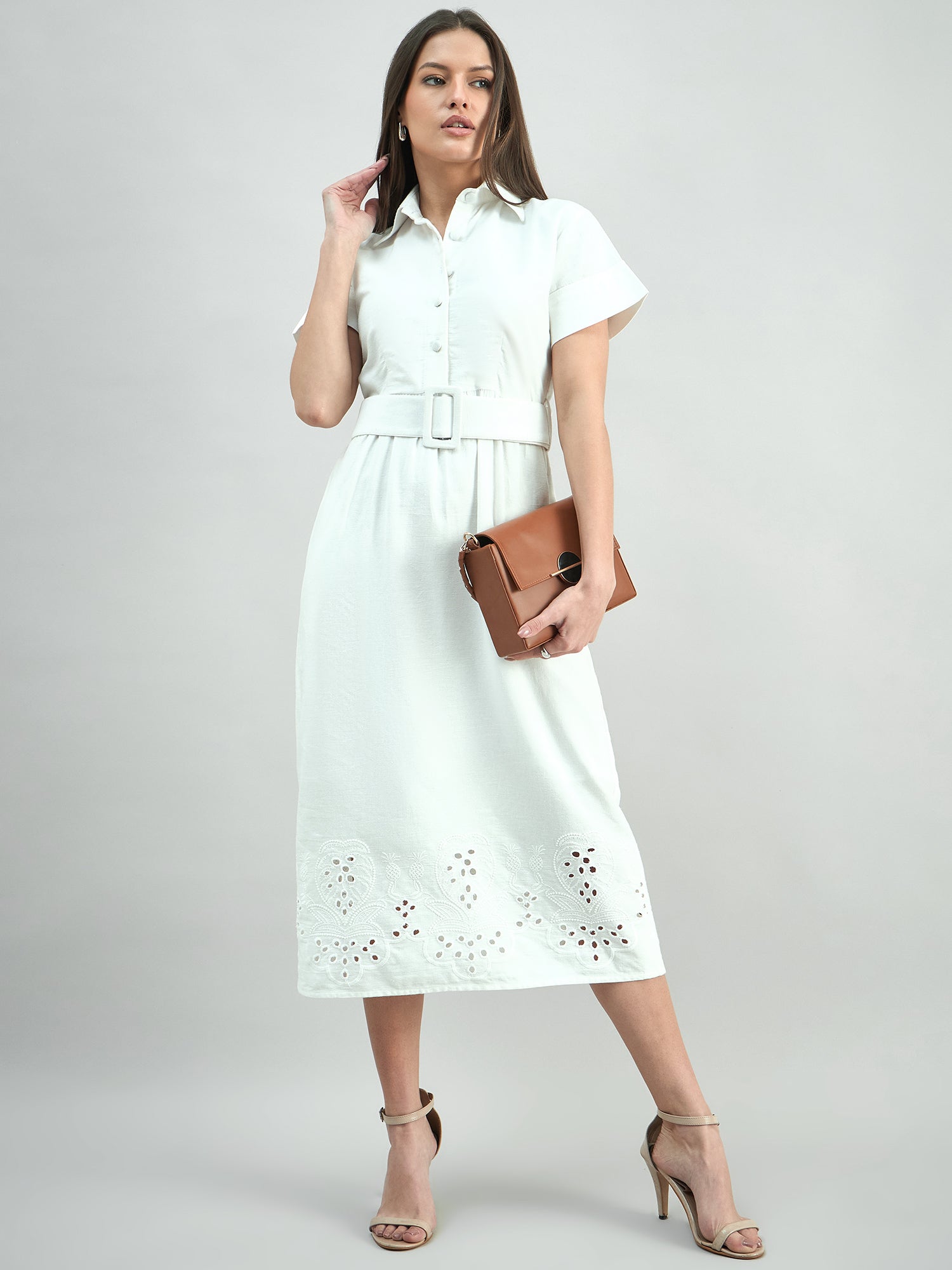Women Cotton Schiffli A-Line Dress With Belt
