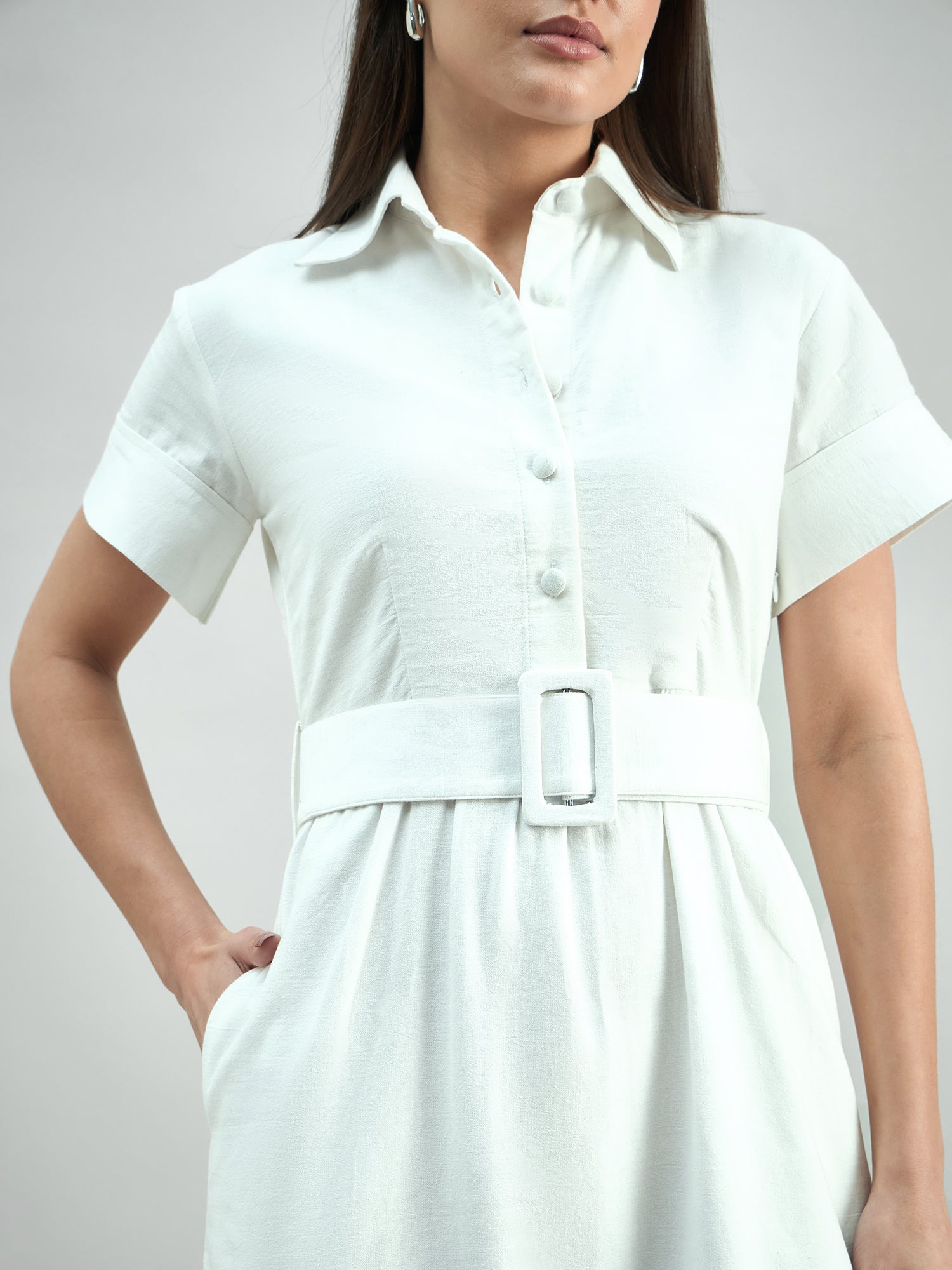 Women Cotton Schiffli A-Line Dress With Belt