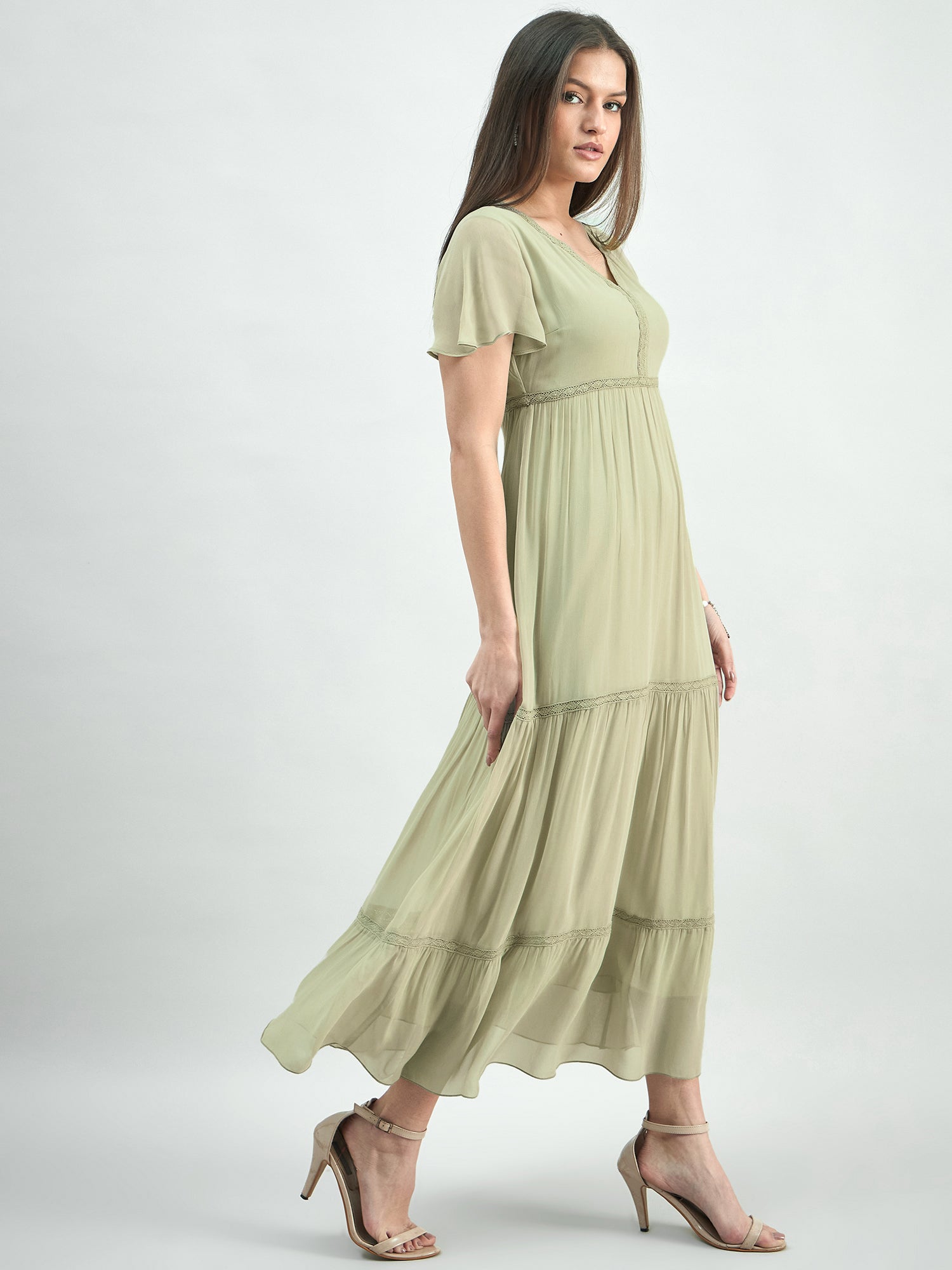 Tiered Lace Detailed Georgette Midi Dress With Delicate Flutter Sleeve