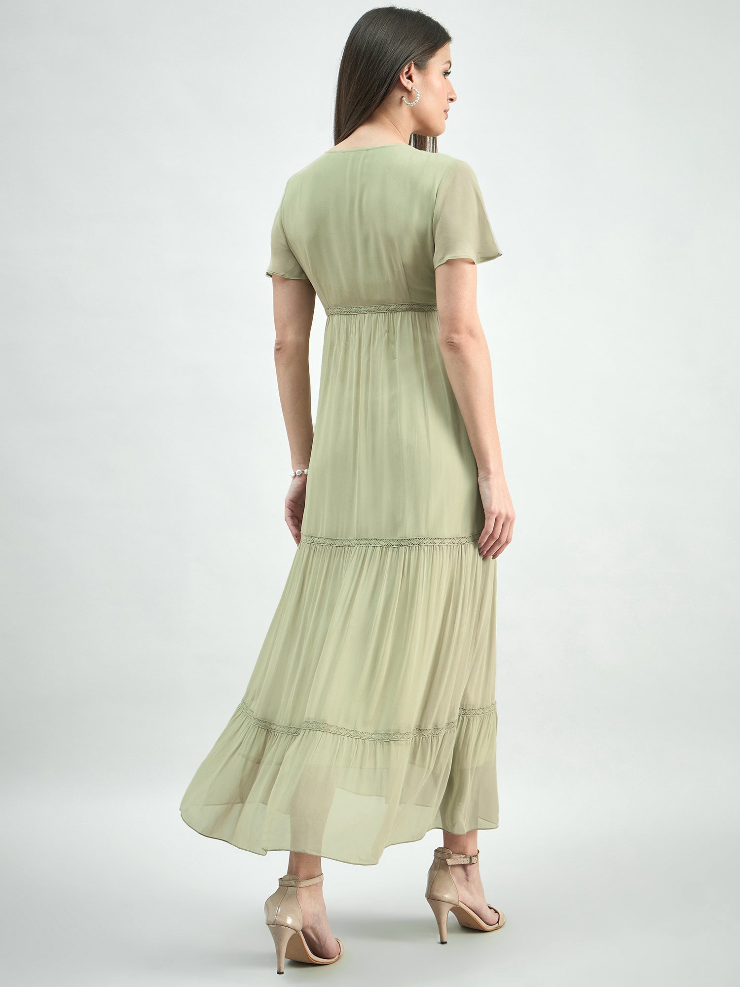 Tiered Lace Detailed Georgette Midi Dress With Delicate Flutter Sleeve