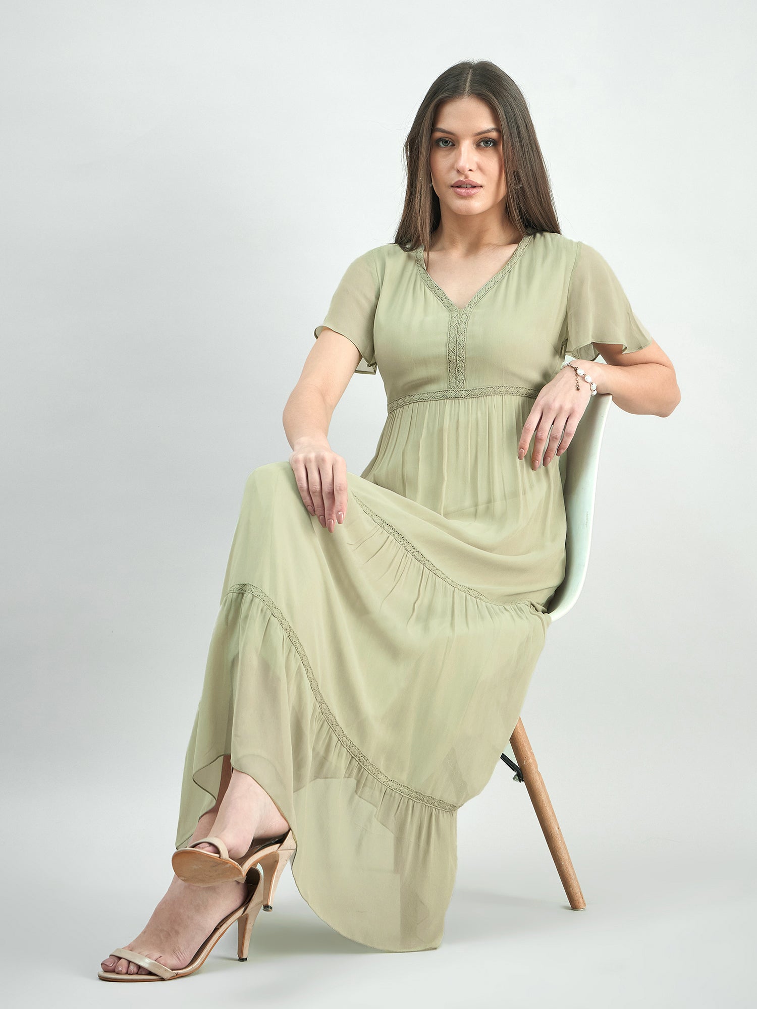 Tiered Lace Detailed Georgette Midi Dress With Delicate Flutter Sleeve