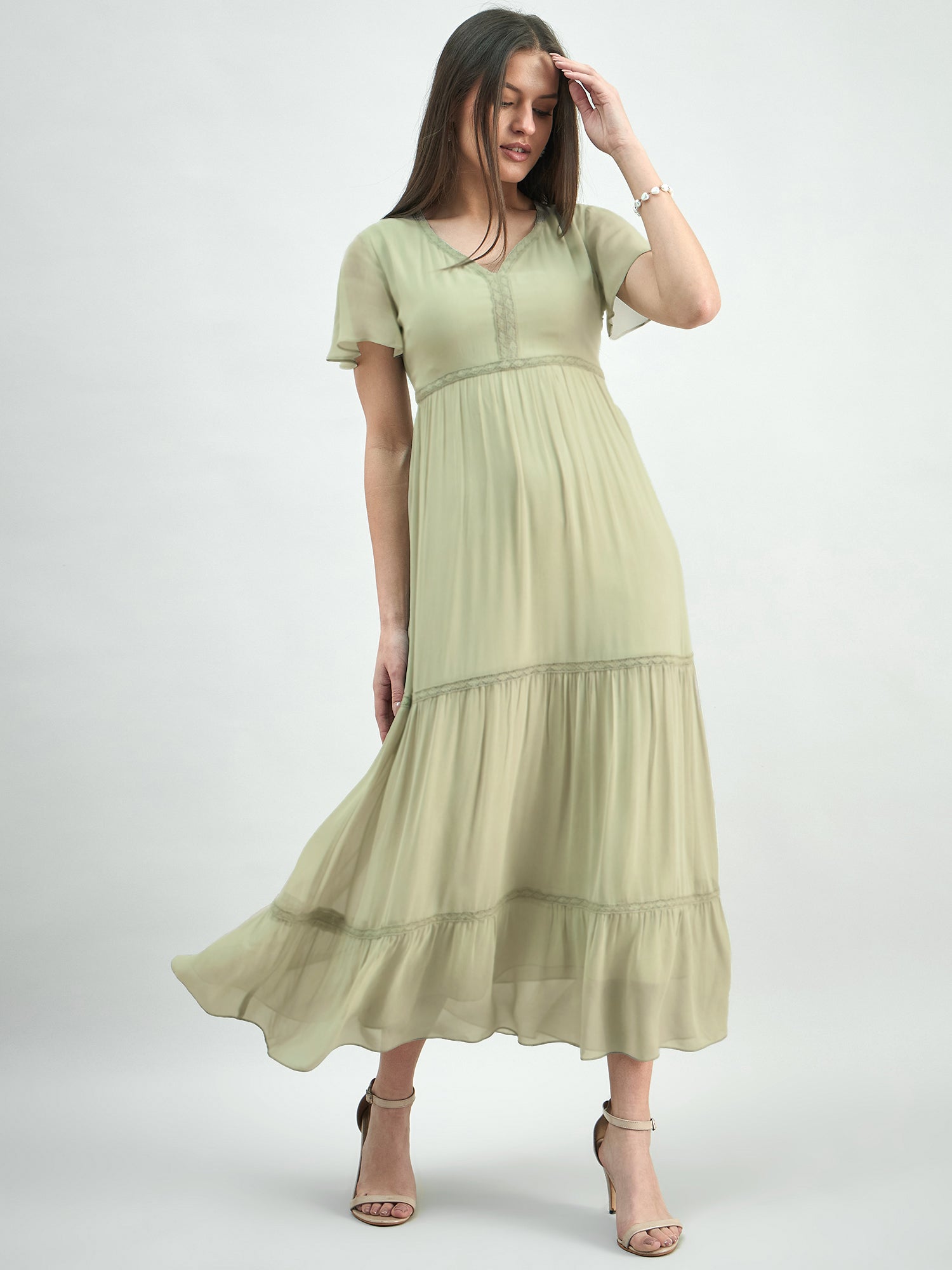 Tiered Lace Detailed Georgette Midi Dress With Delicate Flutter Sleeve