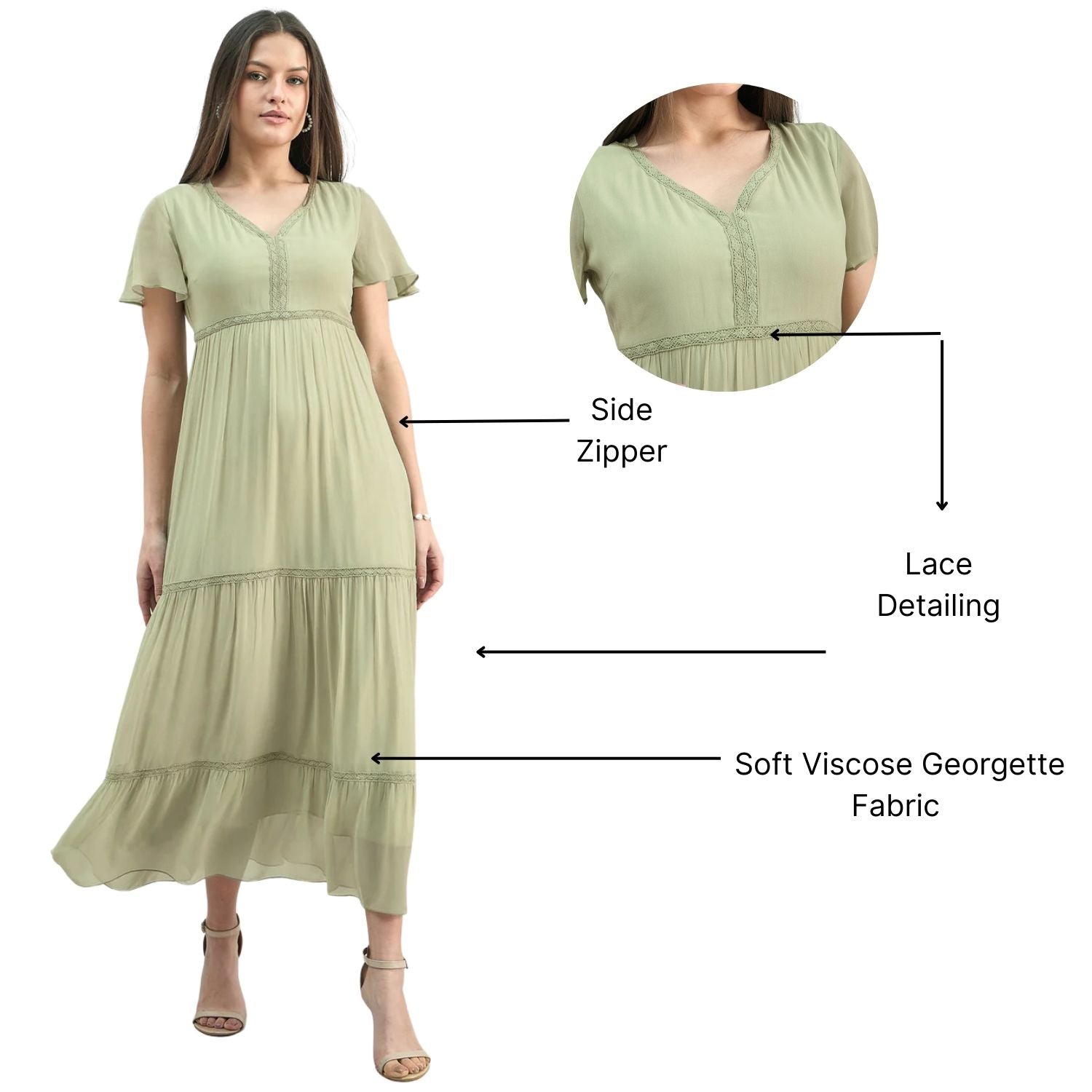 Tiered Lace Detailed Georgette Midi Dress With Delicate Flutter Sleeve