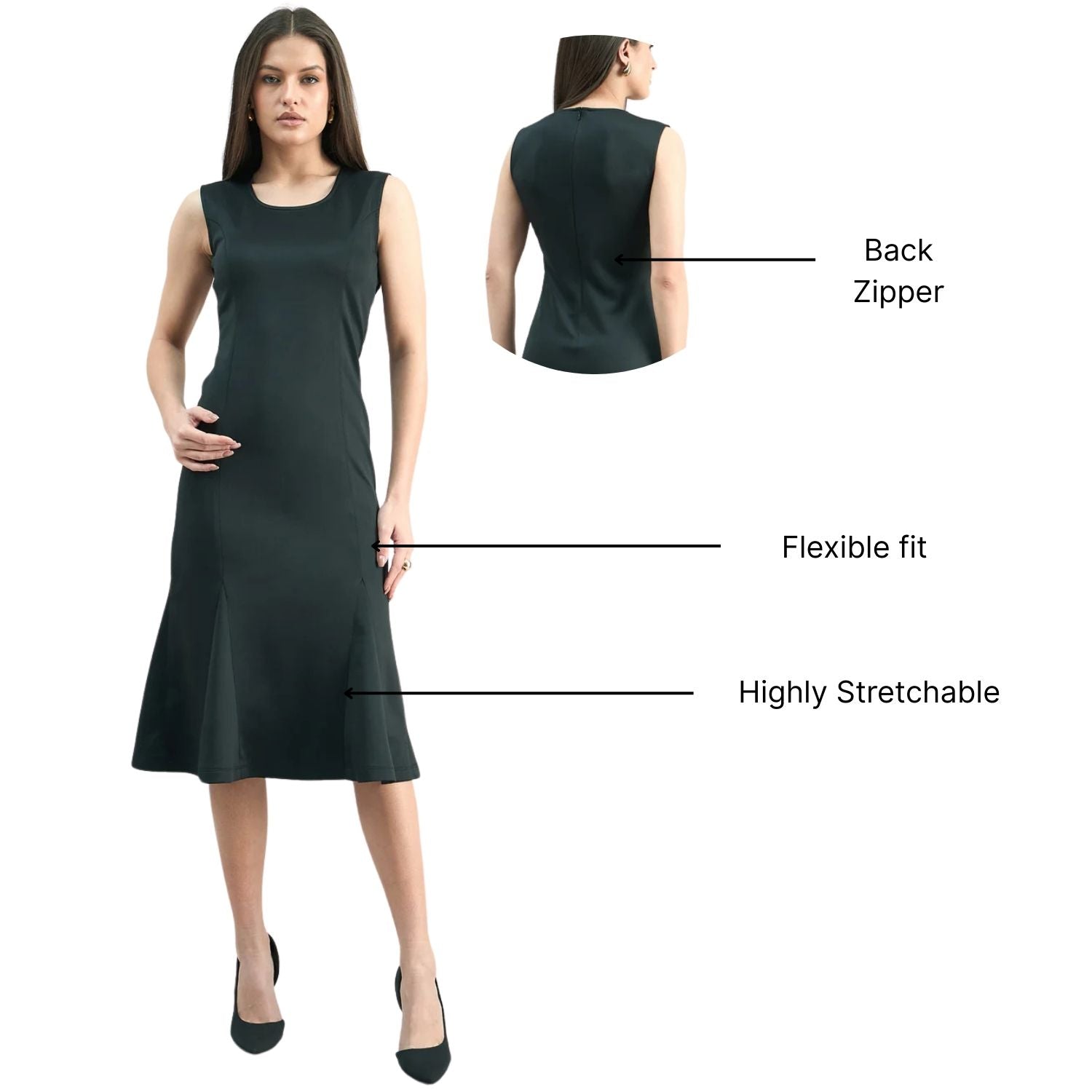 Women Round-Neck Sleeveless Black Scuba Midi Stretchable Bodycon Dress