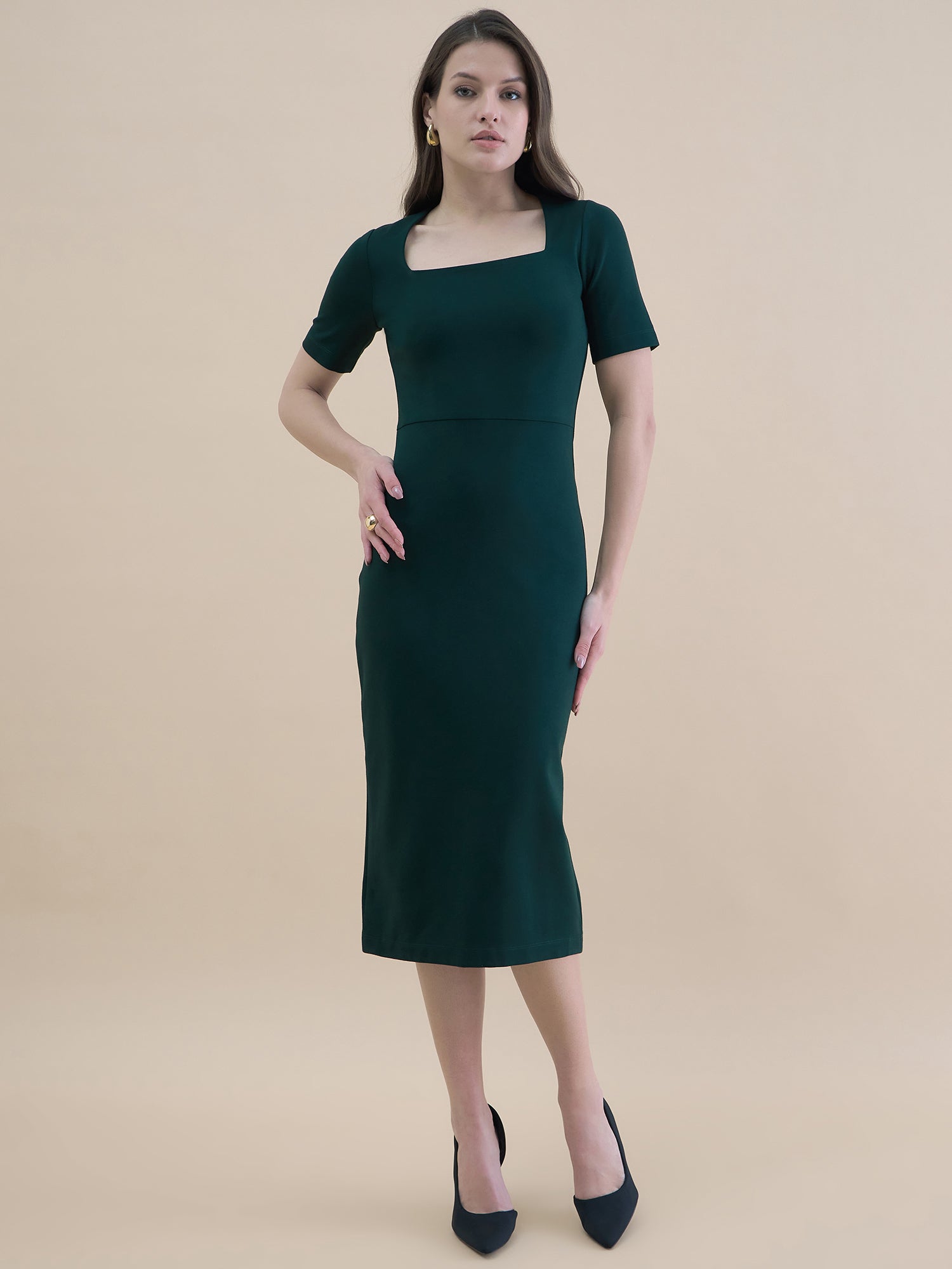 Women Dark Green Square Neck Bodycon Midi Dress Women Dark Green Square Neck Bodycon Midi Dress