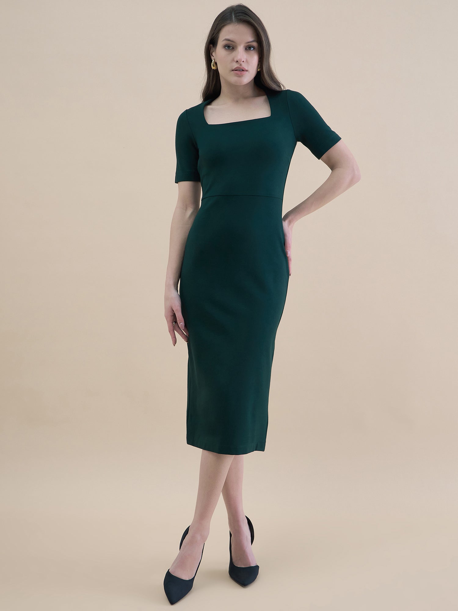Women Square Neck Bodycon Midi Dress
