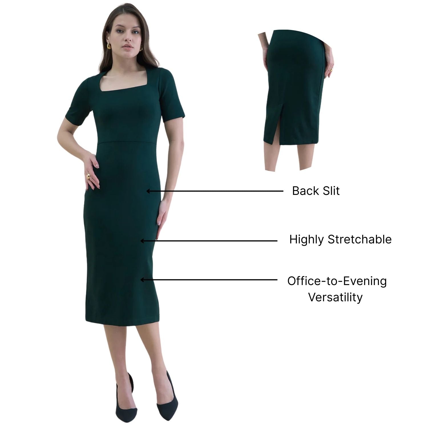 Women Square Neck Bodycon Midi Dress