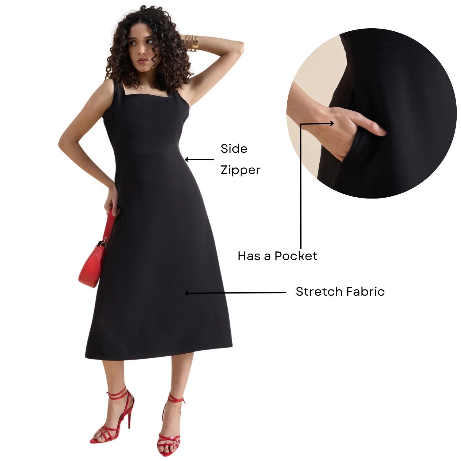 Classic Square-Neck Sleeveless Fit & Flare Midi Dress In Stretch Fabric