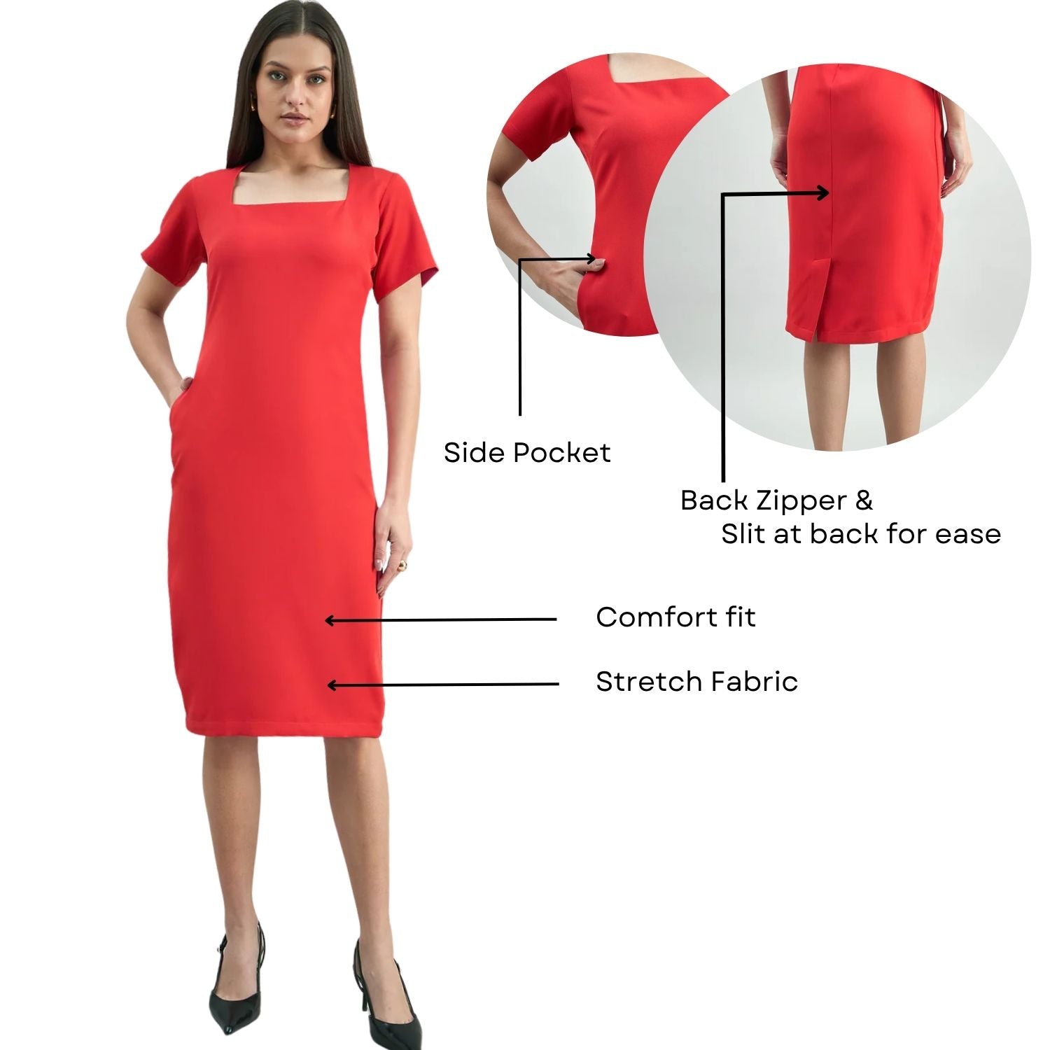 Women Hot-Red Square-Neck Stretchable Midi Dress