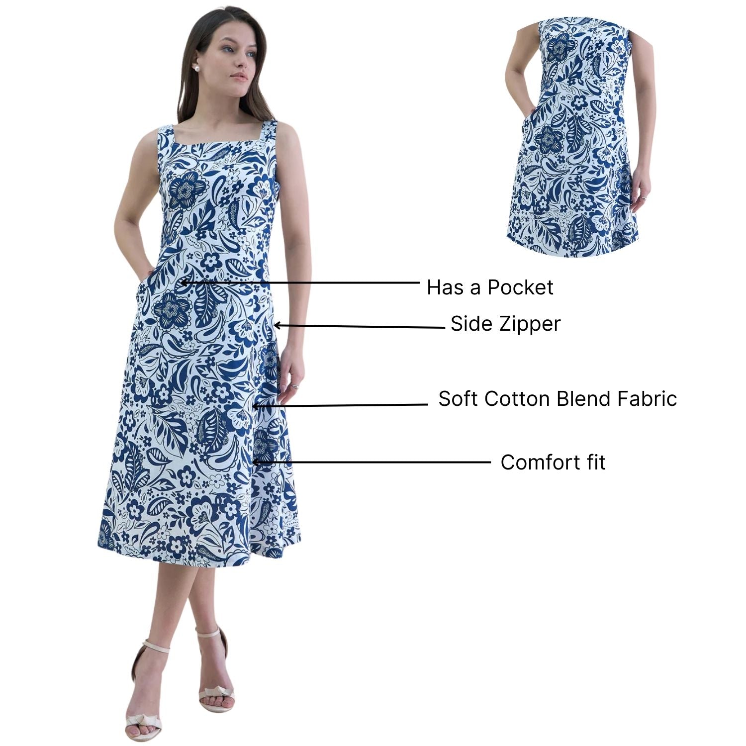 Women Blue-White floral printed square neck sleeveless fit & flare midi dress