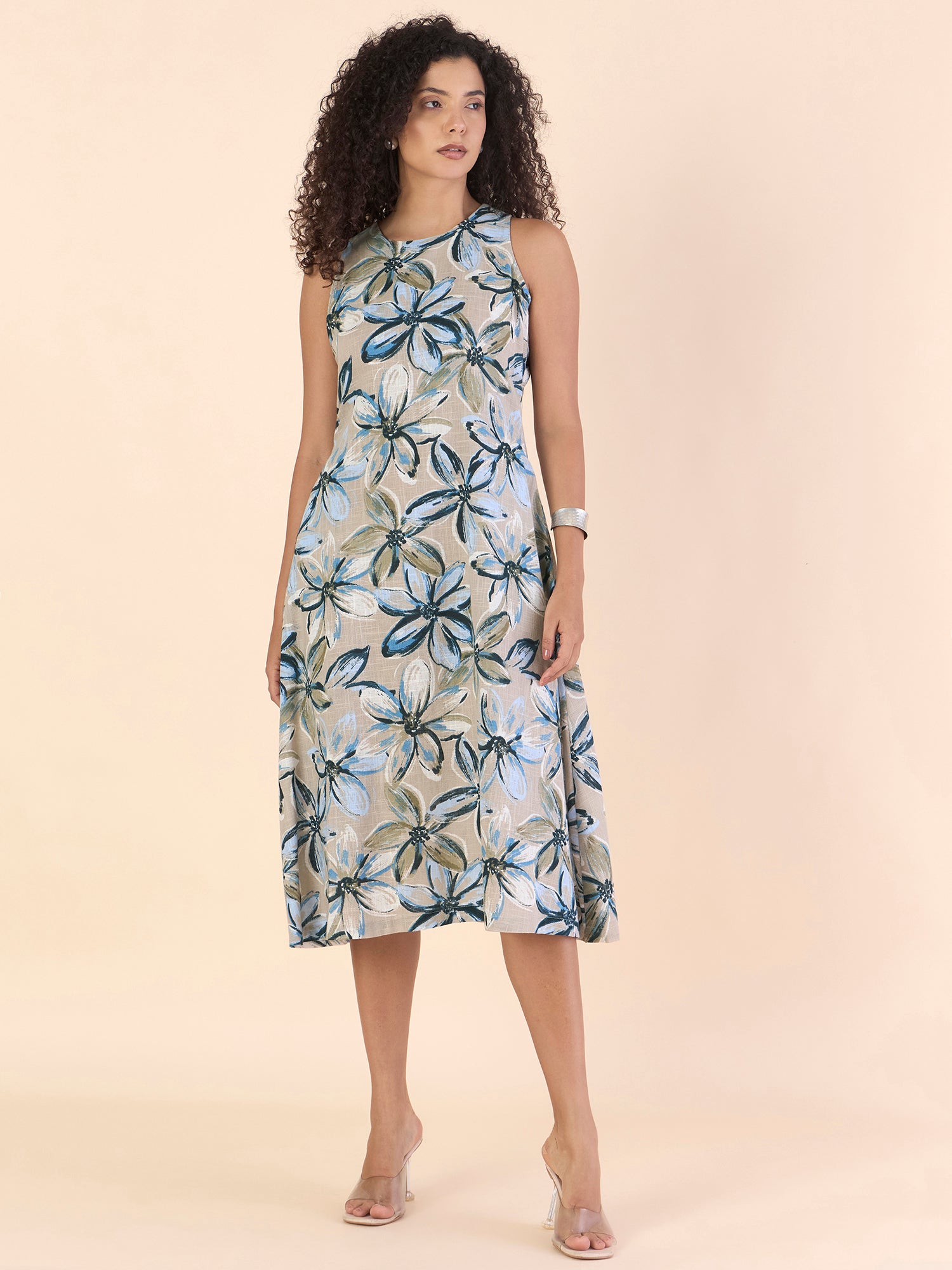 Women Linen Blend Halter Neck Floral Printed Round Neck Fit & Flare Midi Dress