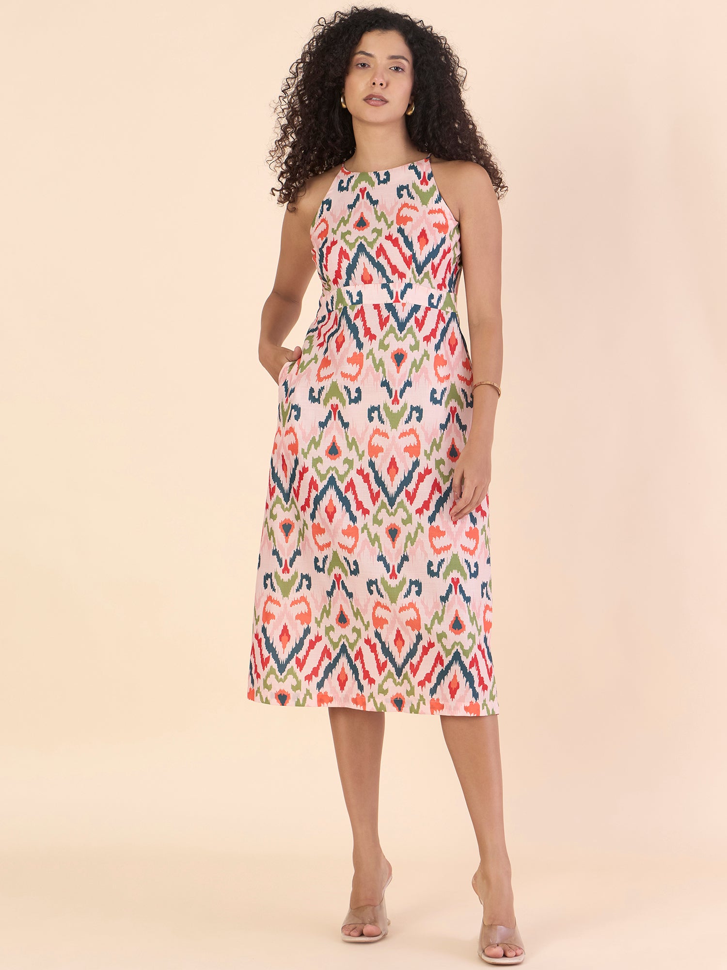 Women High-Neck Halter Fit and Flare Midi Length Geometric Print Dress