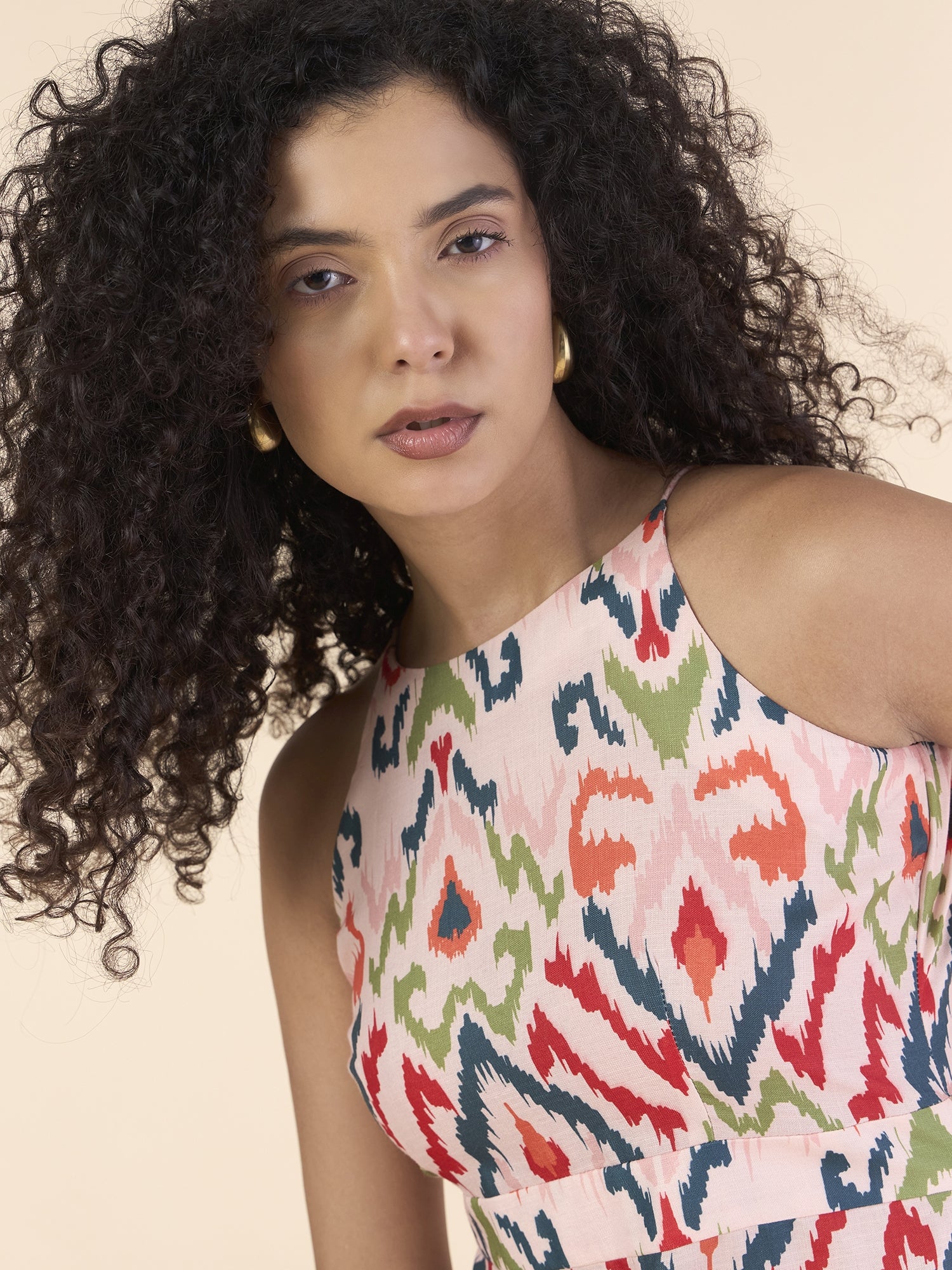 Women High-Neck Halter Fit and Flare Midi Length Geometric Print Dress