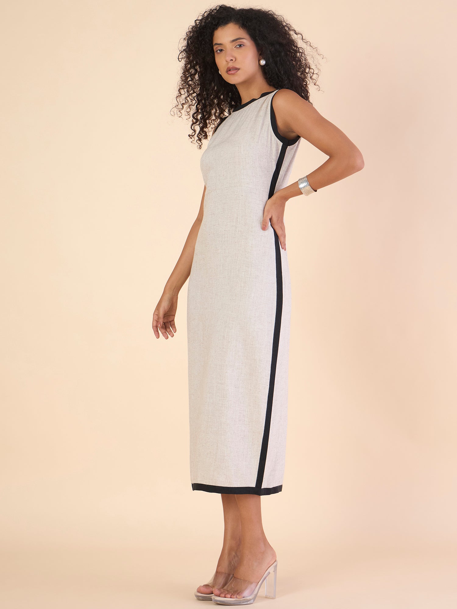 Natural Sophisticated With Black Contrast Detail Linen Dual Neckline maxi Dress