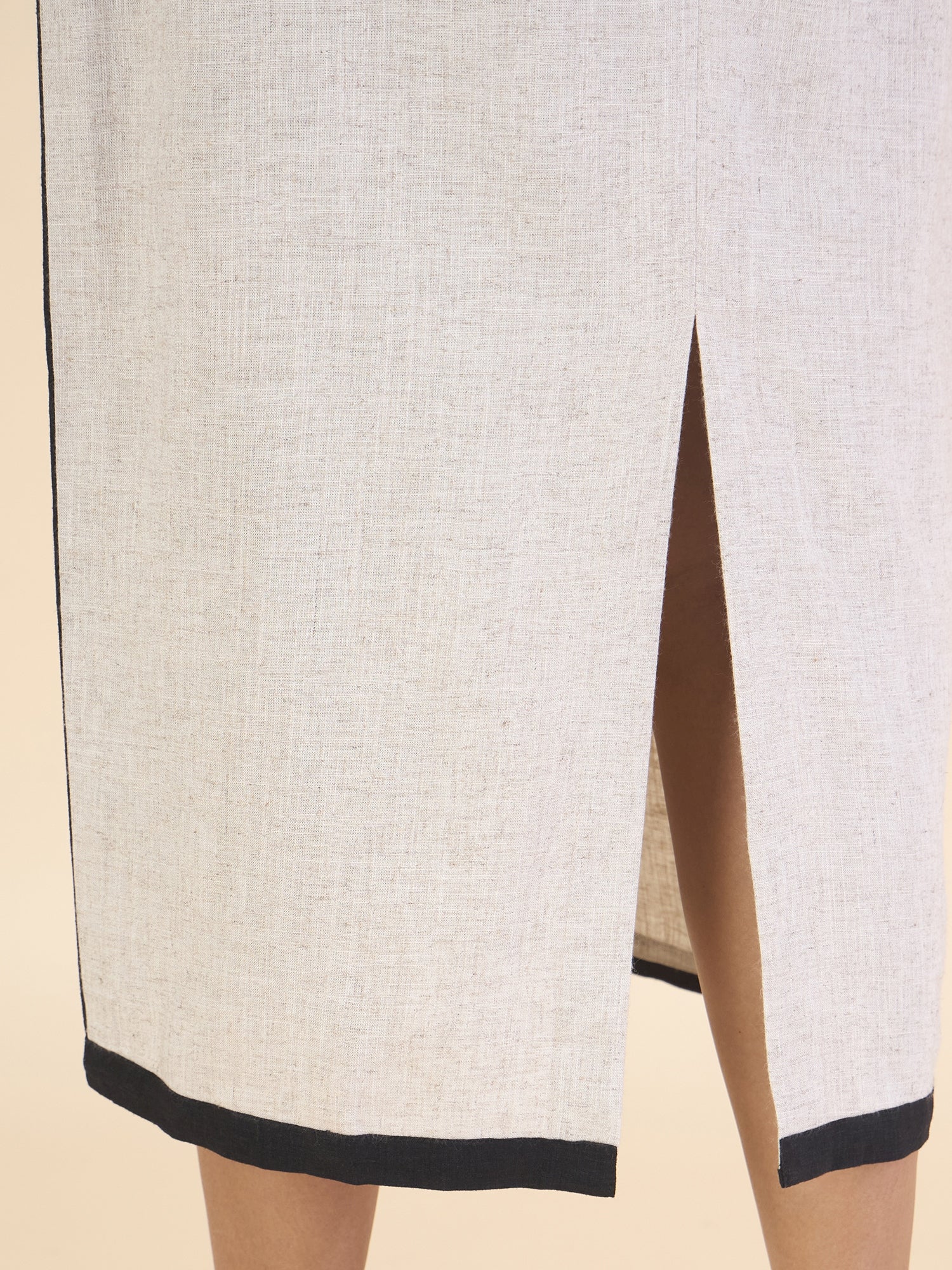 Natural Sophisticated With Black Contrast Detail Linen Dual Neckline maxi Dress
