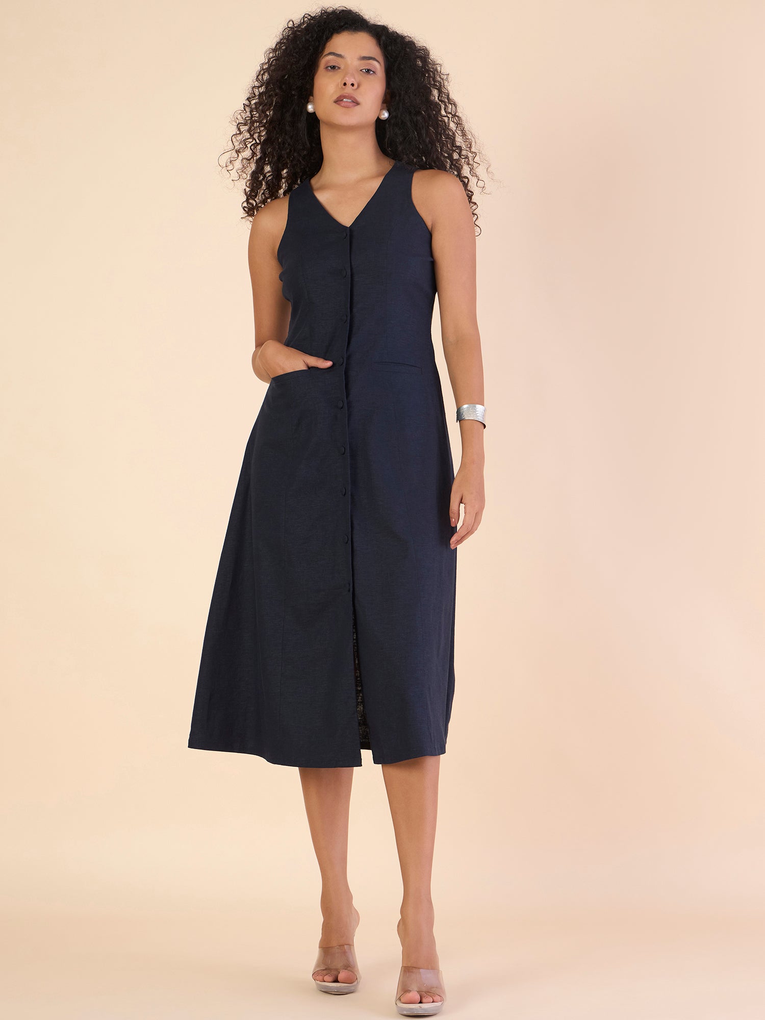 Women Tailored Halter Cotton-Linen Buttoned Stretchable A-line Navy Midi Dress