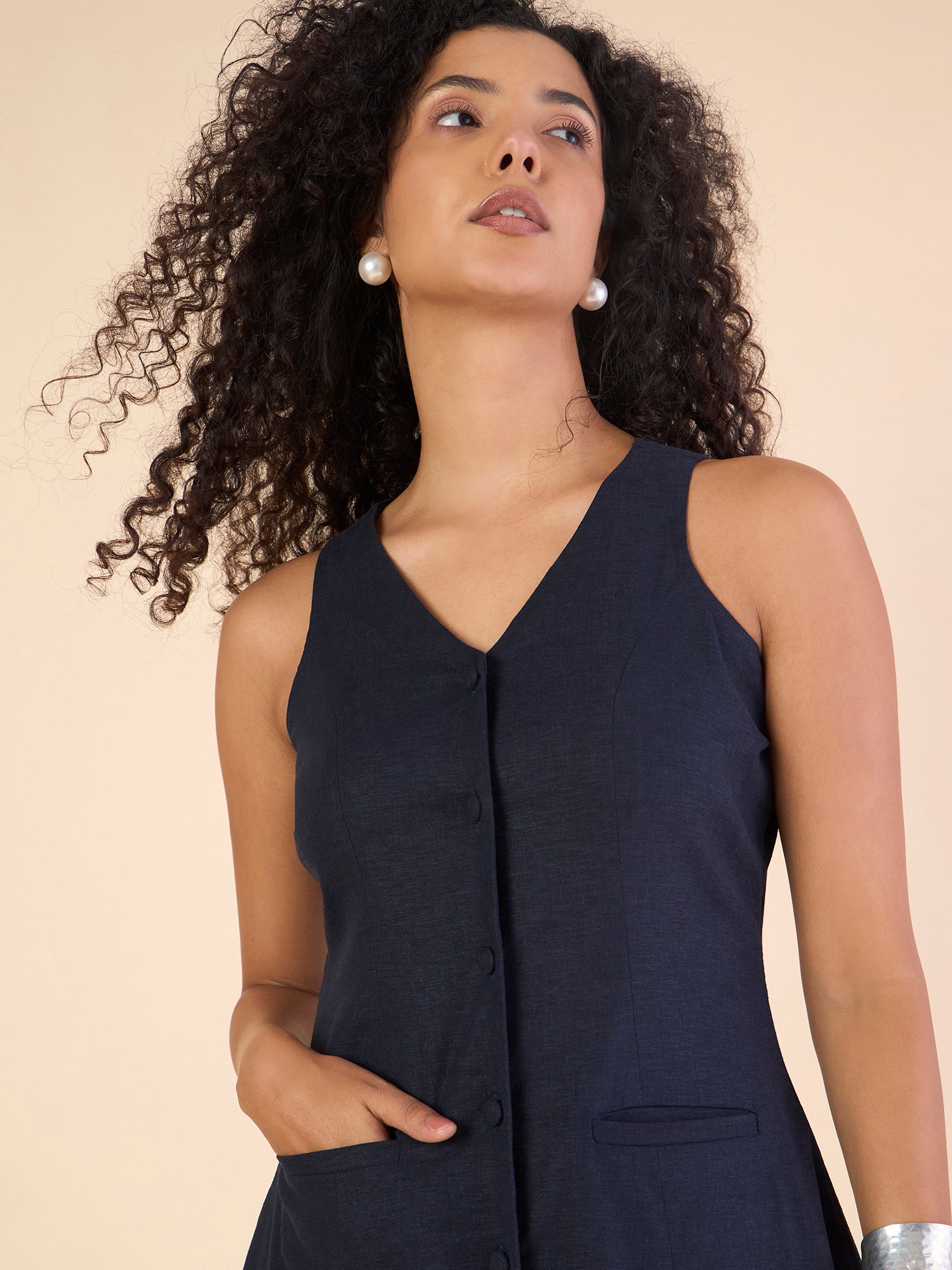 Women Tailored Halter Cotton-Linen Buttoned Stretchable A-line Navy Midi Dress