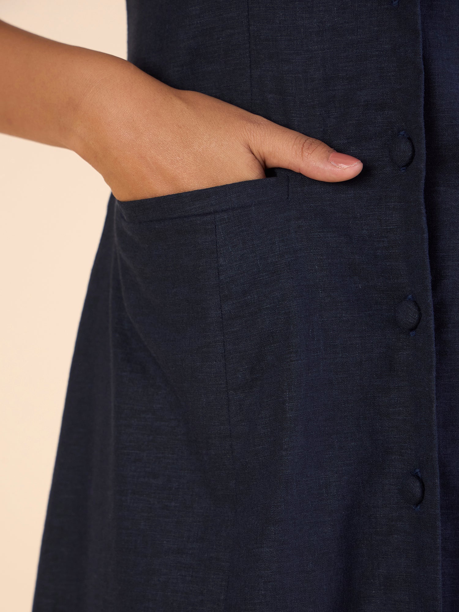 Women Tailored Halter Cotton-Linen Buttoned Stretchable A-line Navy Midi Dress