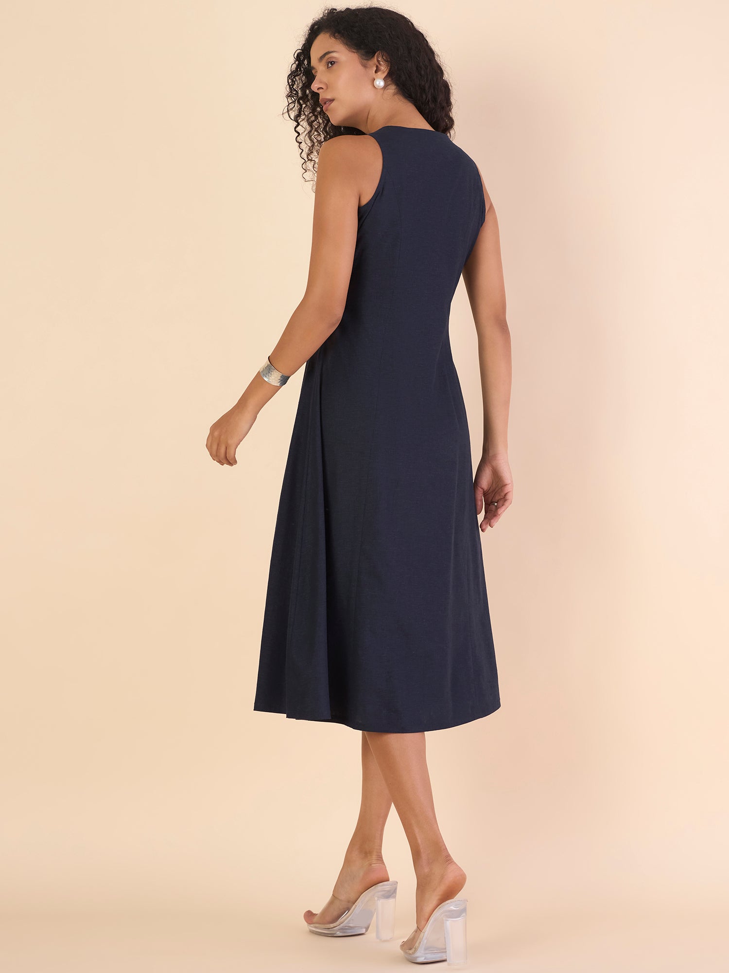 Women Tailored Halter Cotton-Linen Buttoned Stretchable A-line Navy Midi Dress