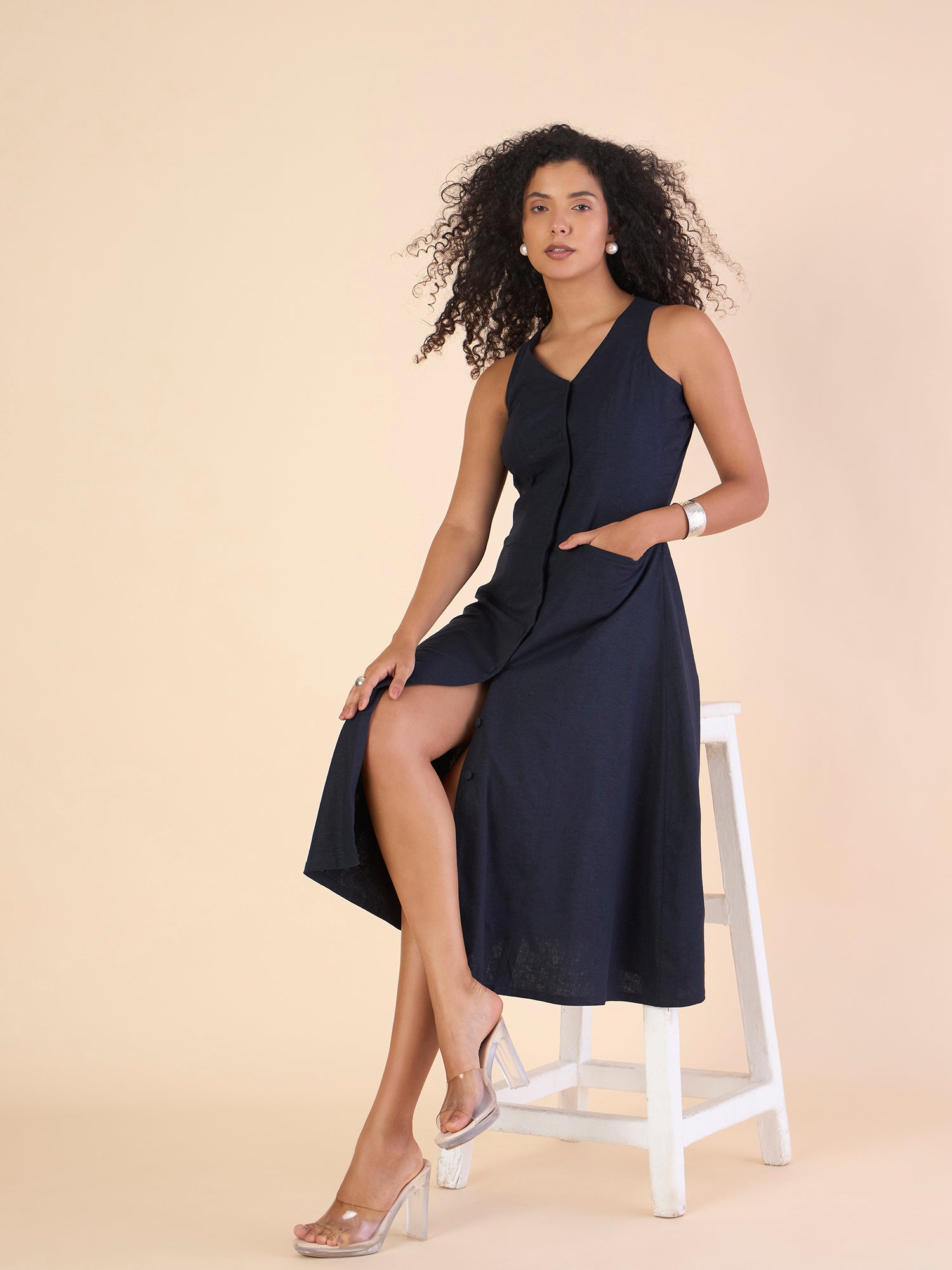 Women Tailored Halter Cotton-Linen Buttoned Stretchable A-line Navy Midi Dress
