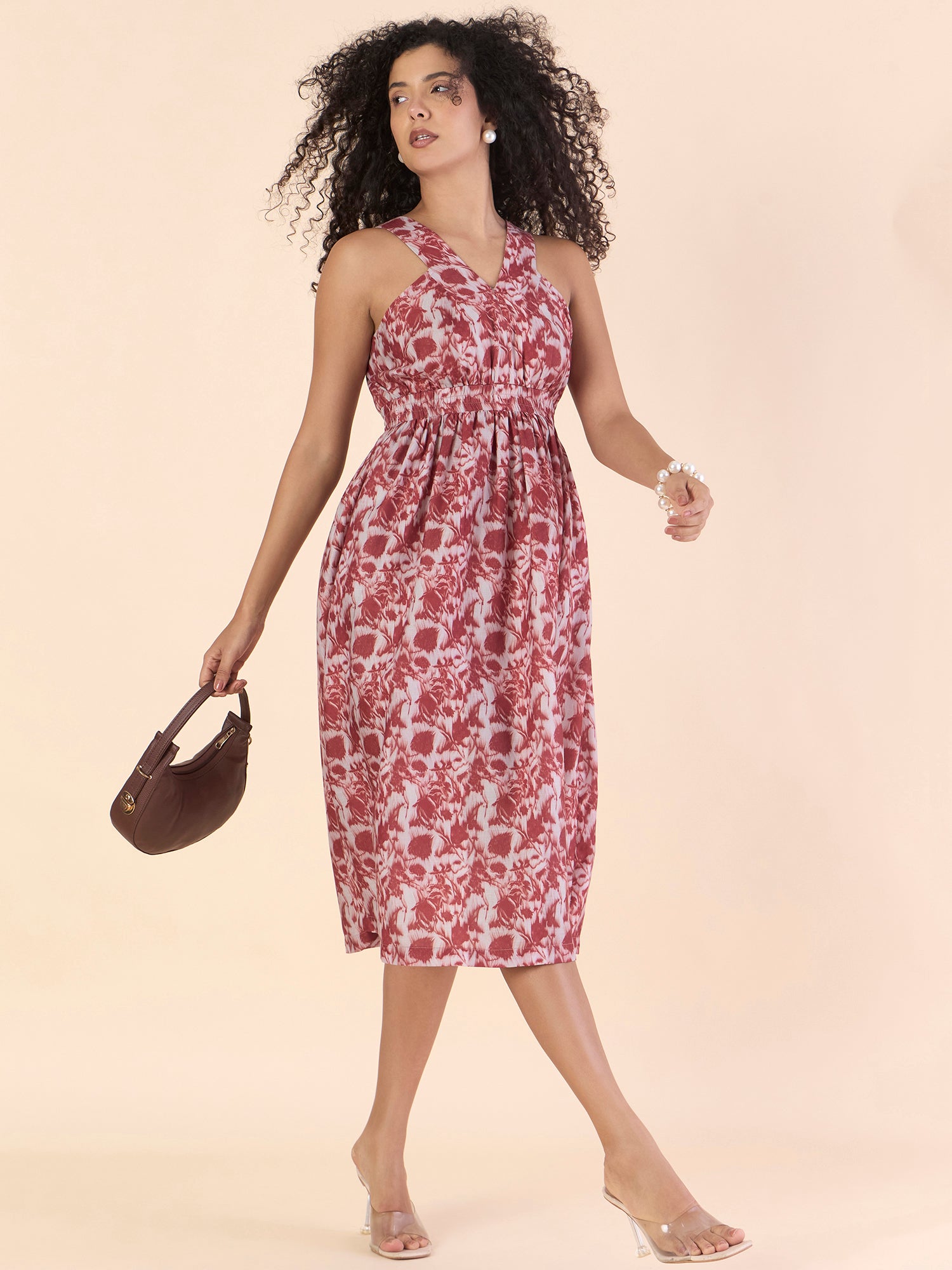 Chic Vintage Floral Printed Elasticated Midi Dress With Halter Neck Details