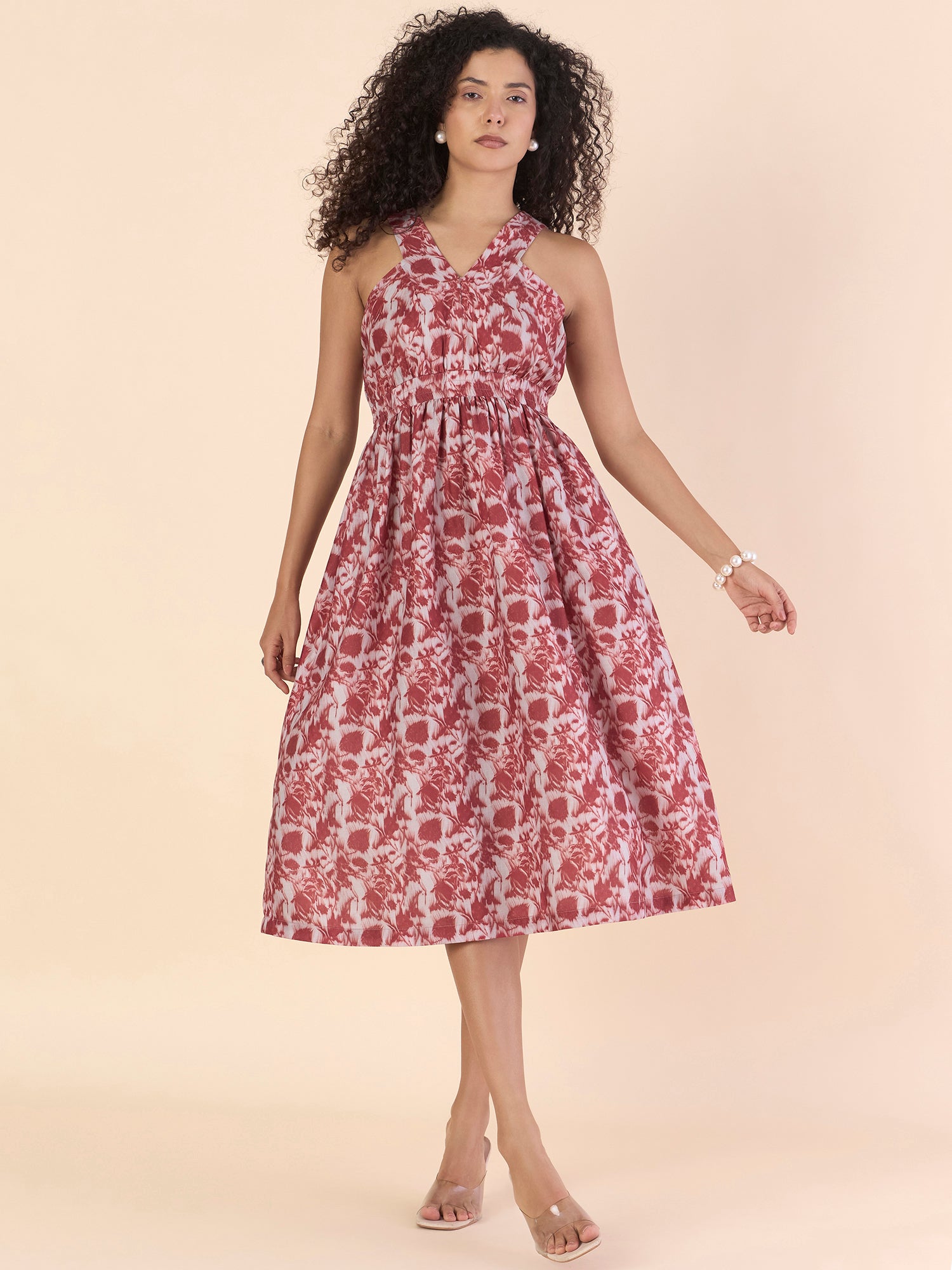 Chic Vintage Floral Printed Elasticated Midi Dress With Halter Neck Details