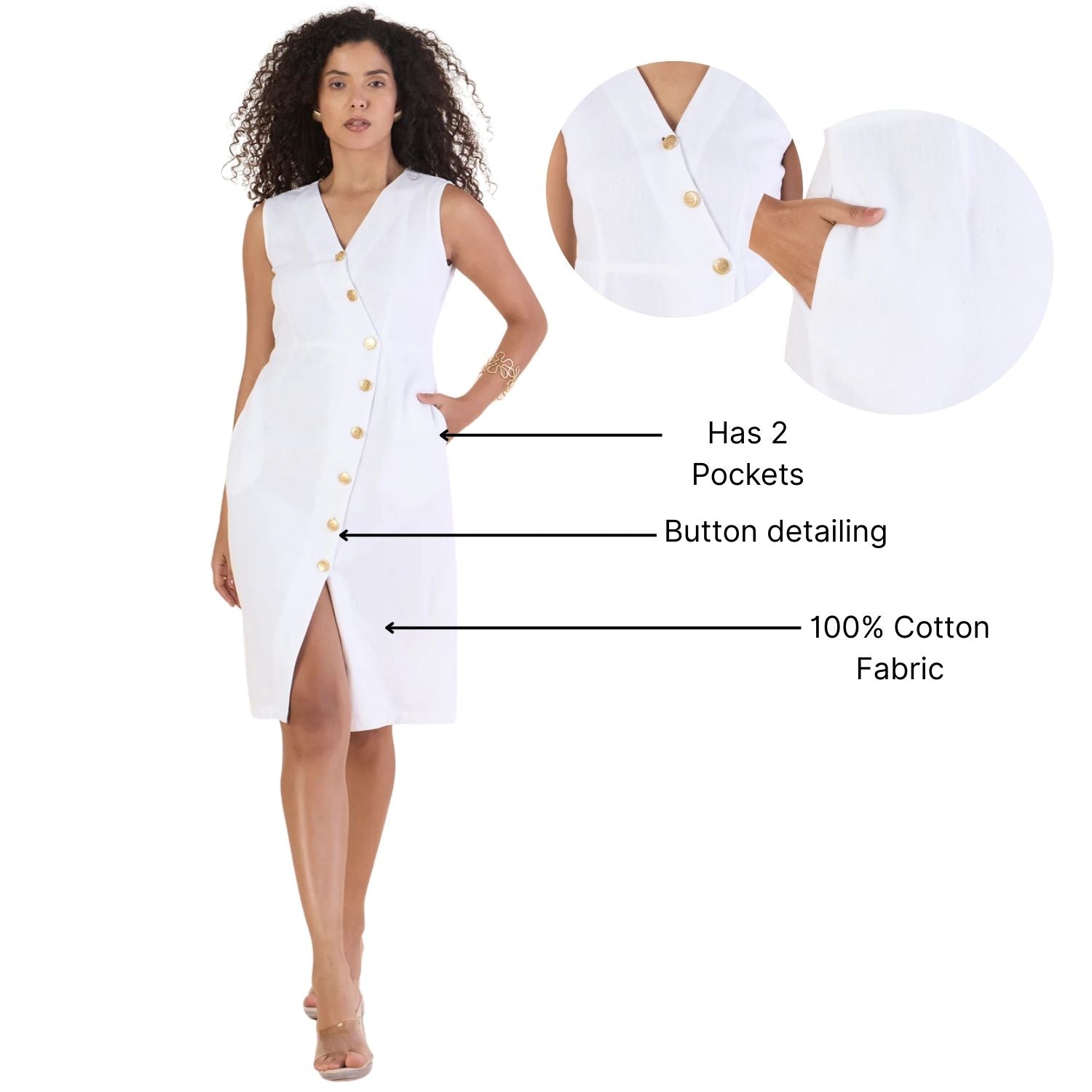 Elegant White Pure-Cotton Wrapped Dress With Classic Button Closure
