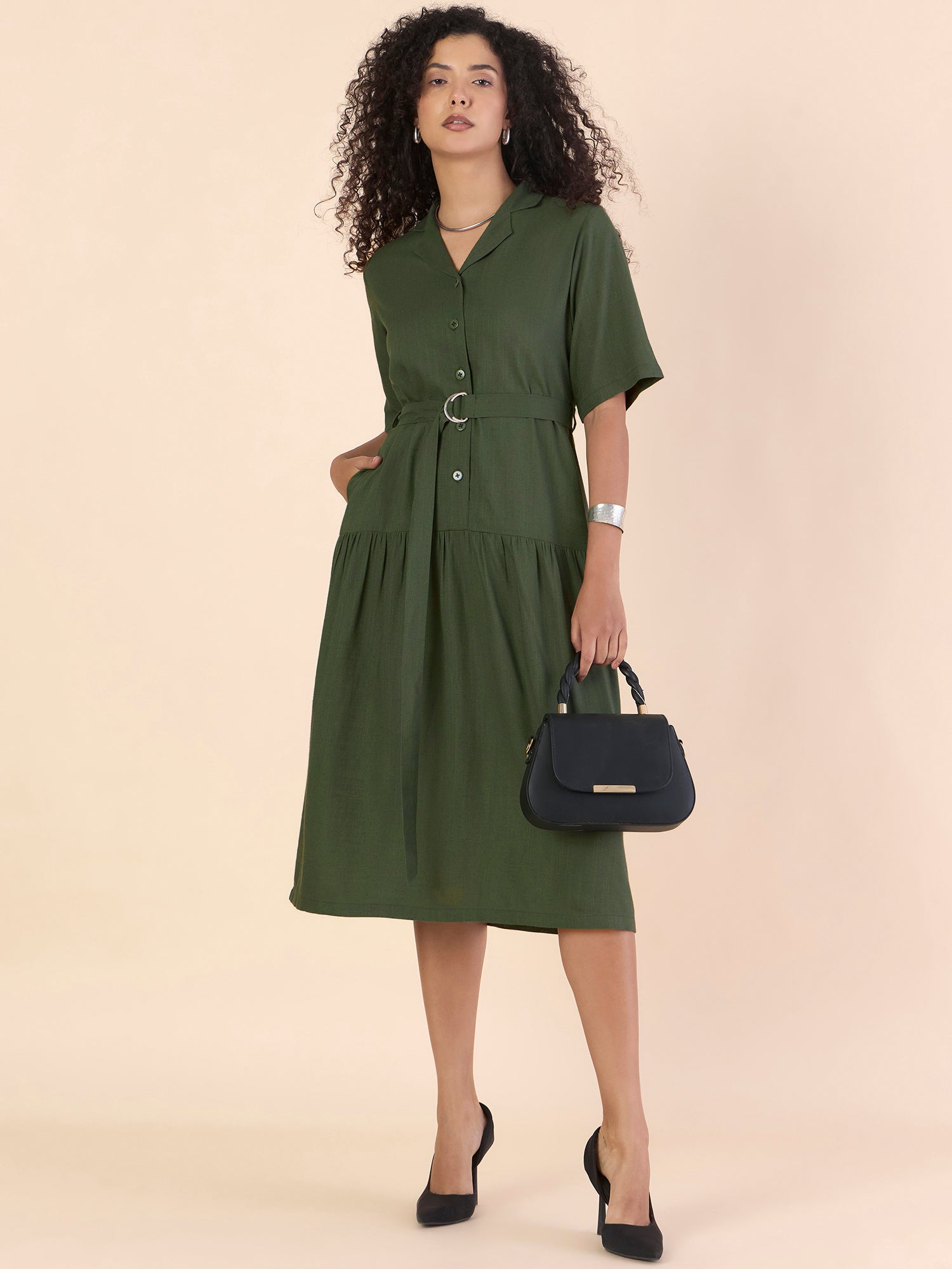 Olive Viscose-Linen Relaxed Tiered Midi Dress With Belt Details