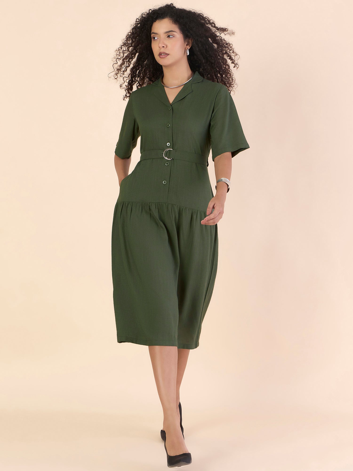 Olive Viscose-Linen Relaxed Tiered Midi Dress With Belt Details